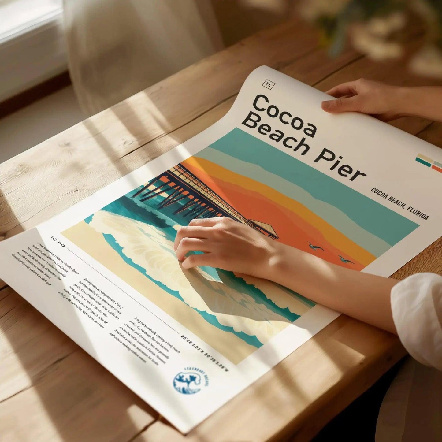 Cocoa Beach Pier Florida Surf Spot Framed Poster | Ron Jon Wave FL Travel Print | Kelly Slater Surfing Beach House Decor | Minimalist Design Surfer Gift - Swell Scenes