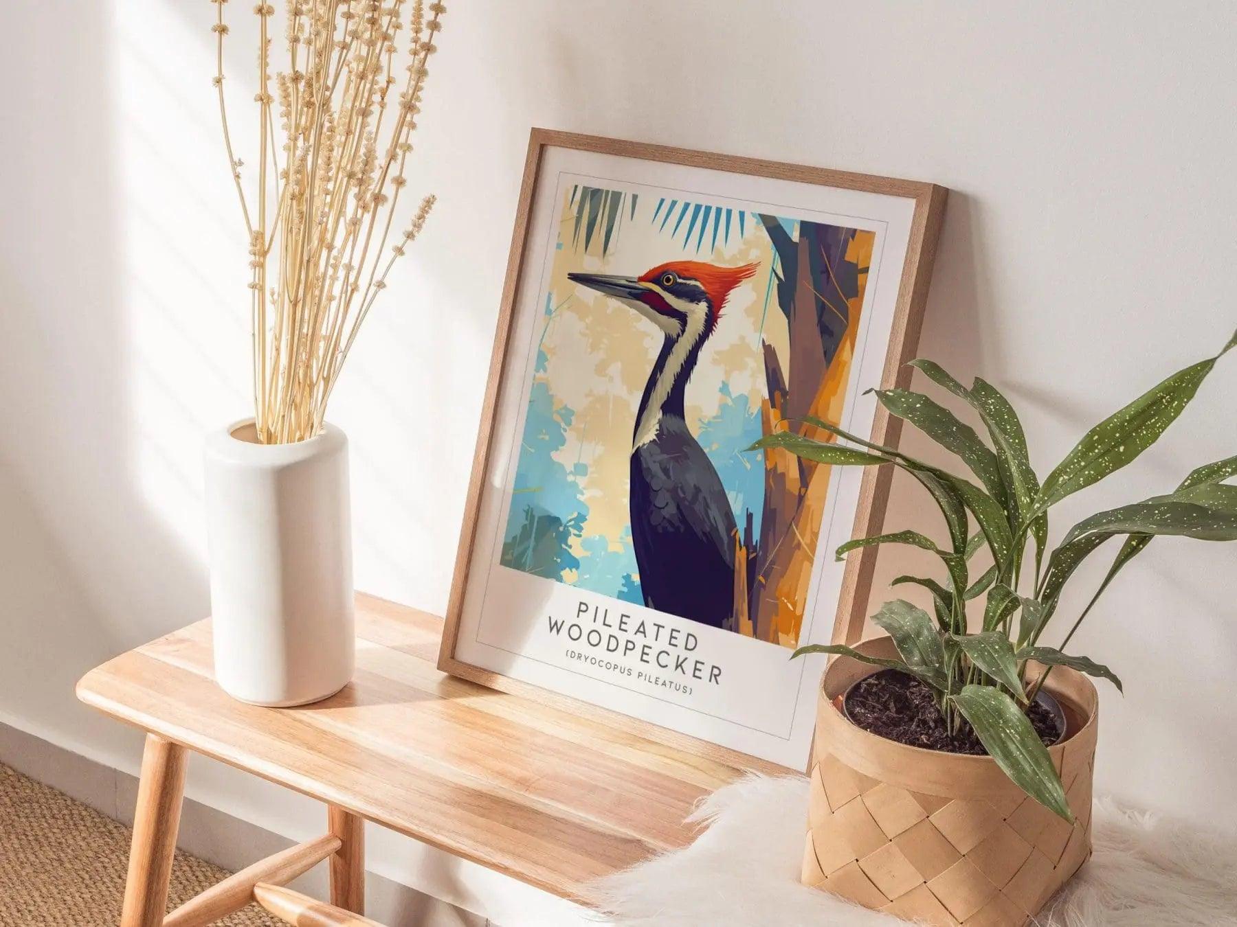 Pileated Woodpecker Bird Lover Modern Framed Wall Art | Cottagecore Audubon Wildlife Poster | Rustic Farmhouse Nature Decor | Cozy Cabin Painting Print - Swell Scenes