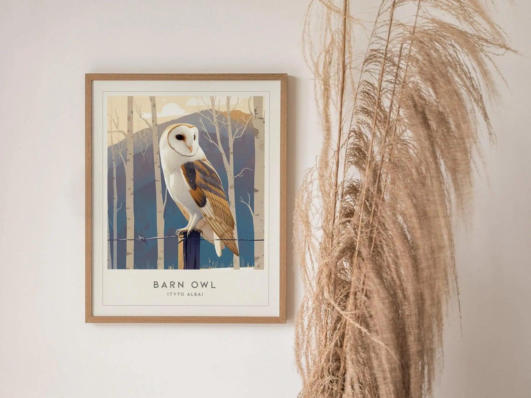 Barn Owl Bird Lover Modern Framed Wall Art | Cottagecore Audubon Wildlife Poster | Rustic Farm House Nature Decor | Cozy Cabin Winter Snow Print - Swell Scenes