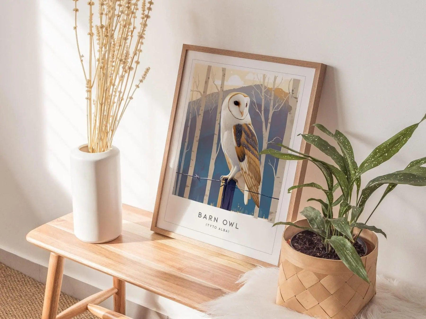 Barn Owl Bird Lover Modern Framed Wall Art | Cottagecore Audubon Wildlife Poster | Rustic Farm House Nature Decor | Cozy Cabin Winter Snow Print - Swell Scenes
