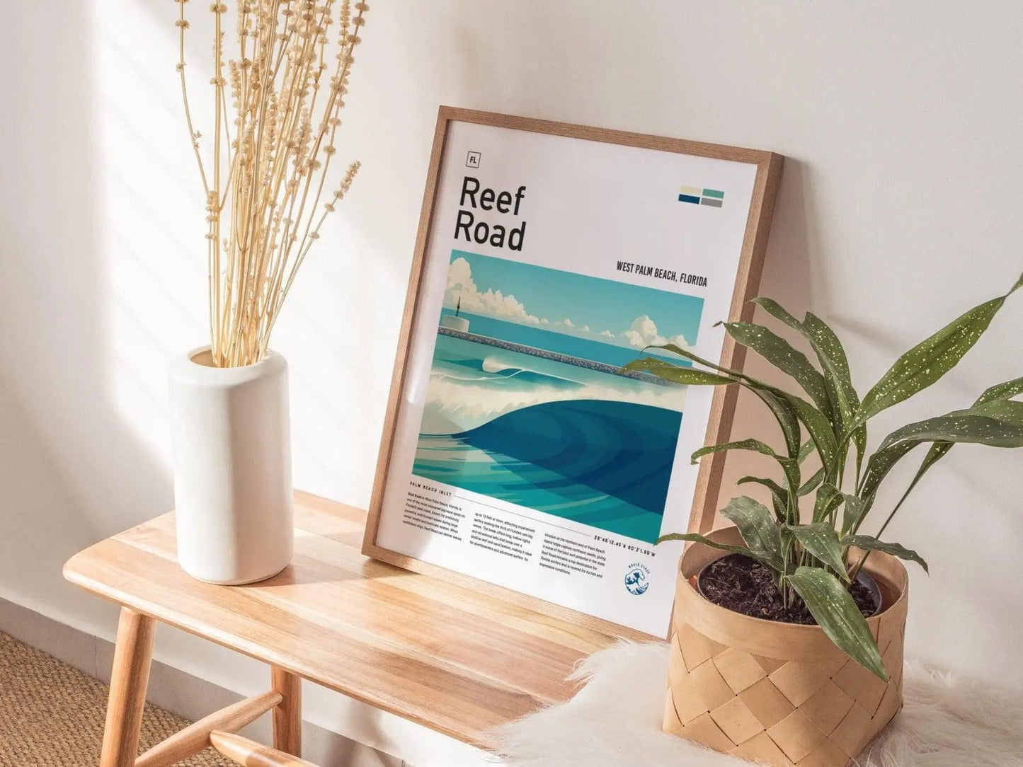 Reef Road Florida Surf Spot Framed Poster | West Palm Beach South FL Wave Wall Art | Surfer Travel Print Gift | Minimalist Design Surfing Man Cave Decor - Swell Scenes