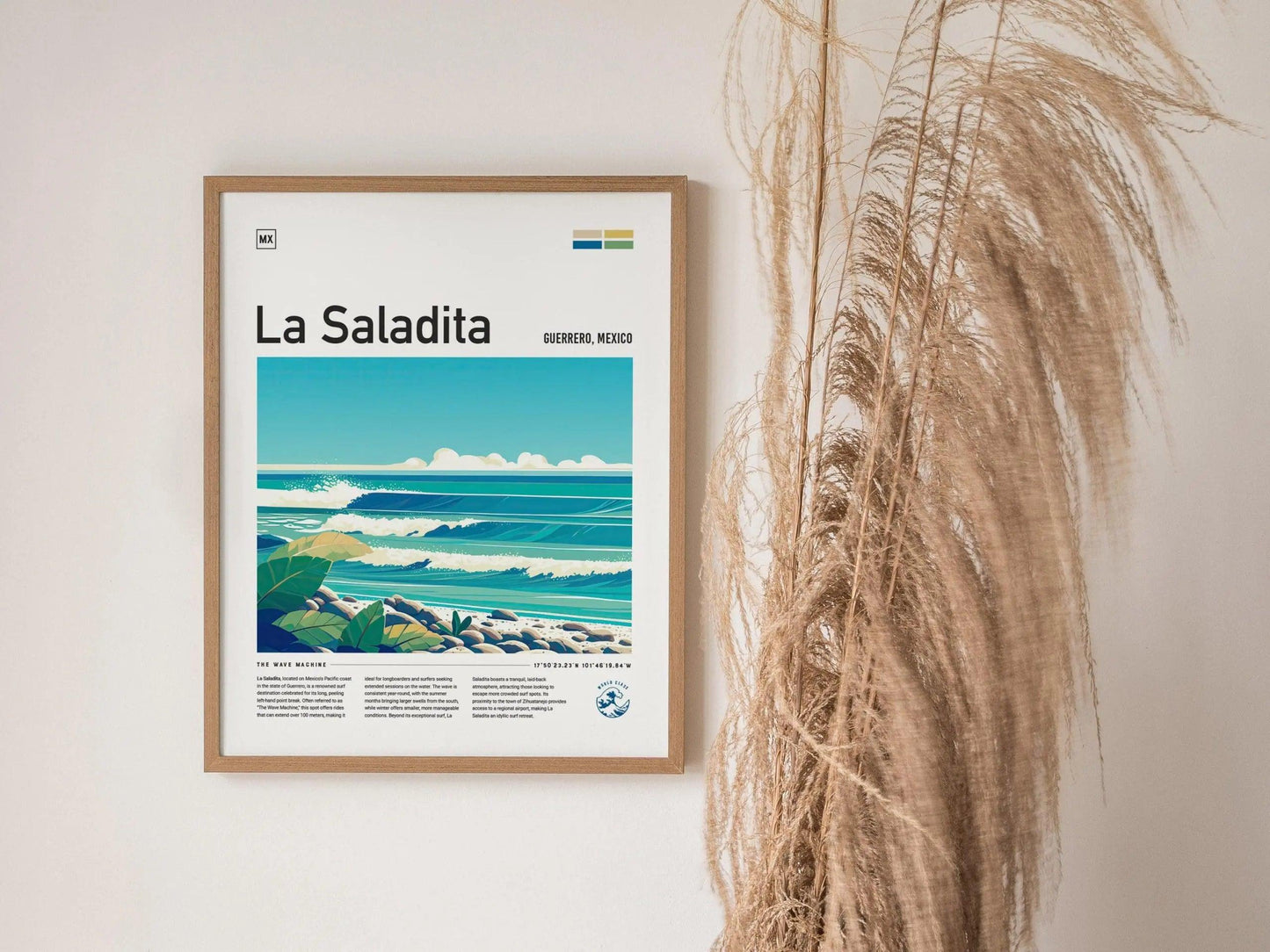 La Saladita Mexico Surf Spot Framed Poster | Guerrero Longboard Surfing Wave Wall Art | Mexi Log Fest Travel Print | Minimalist Style Design Surfer Gift - Swell Scenes