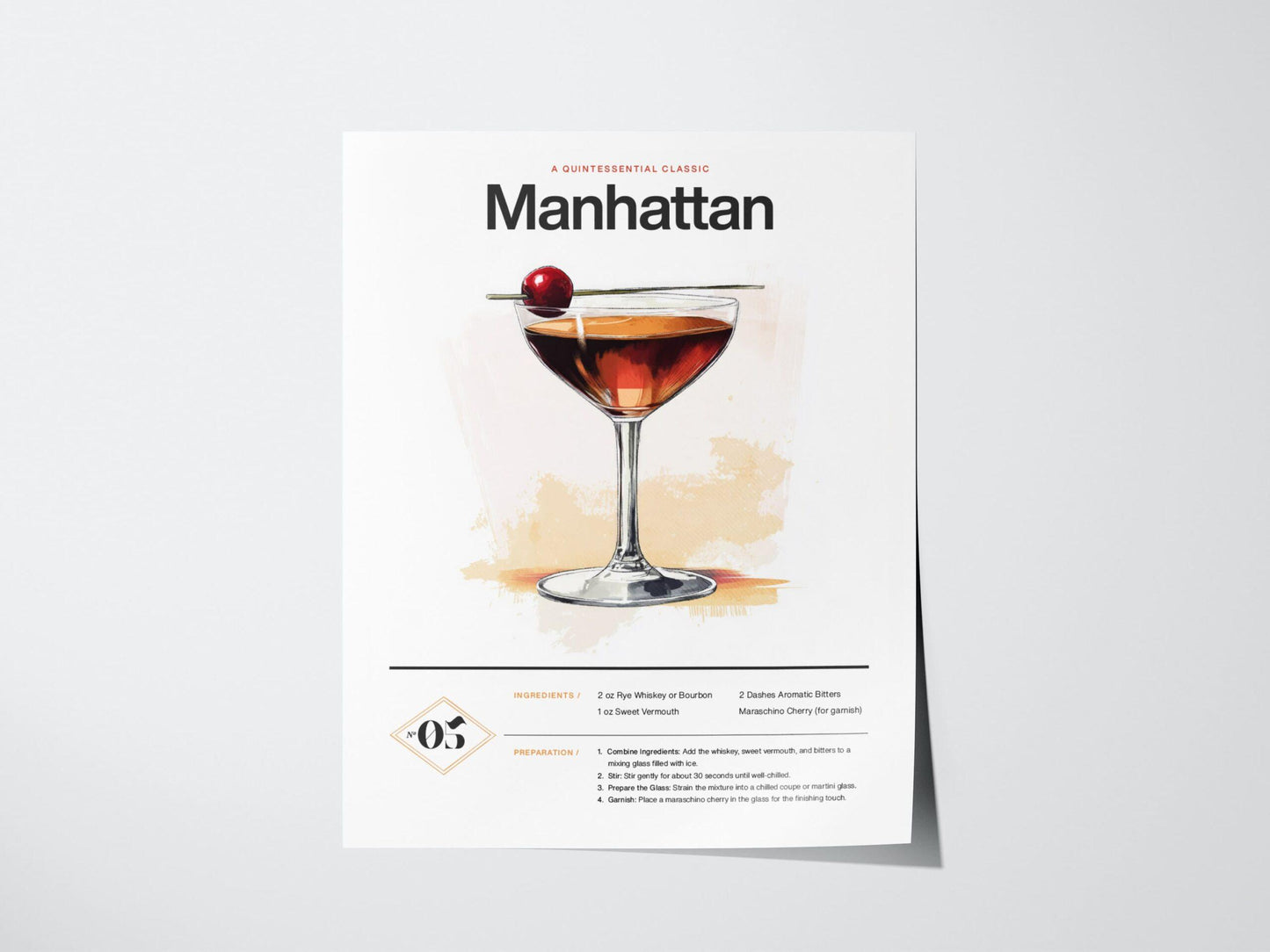 Manhattan Cocktail Framed Poster | Classic Whiskey and Vermouth Recipe Art | Minimalist Bar Decor | Manhattan Lover Gift | Home Bar Design - Swell Scenes