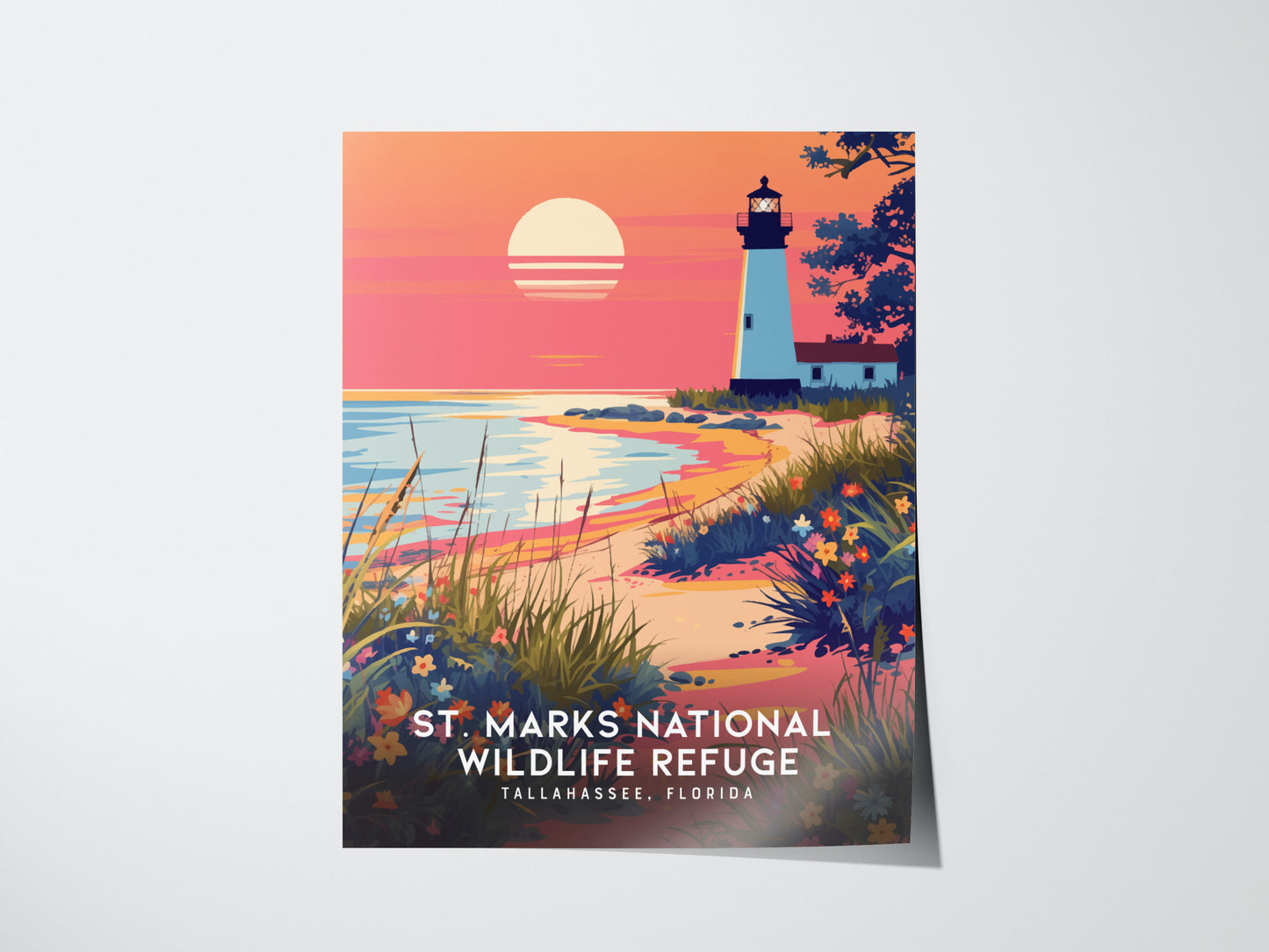 A vibrant poster of St. Marks National Wildlife Refuge, featuring a lighthouse at sunset with colorful wildflowers and coastal marshes, in a vintage travel style.