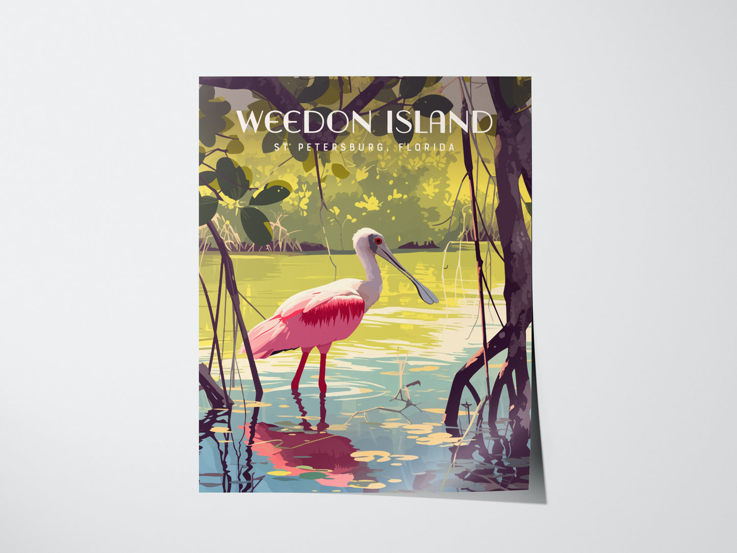 A vibrant poster titled Weedon Island showcases a pink Roseate Spoonbill wading in serene mangrove waters, surrounded by lush greenery, under the text St. Petersburg, Florida.