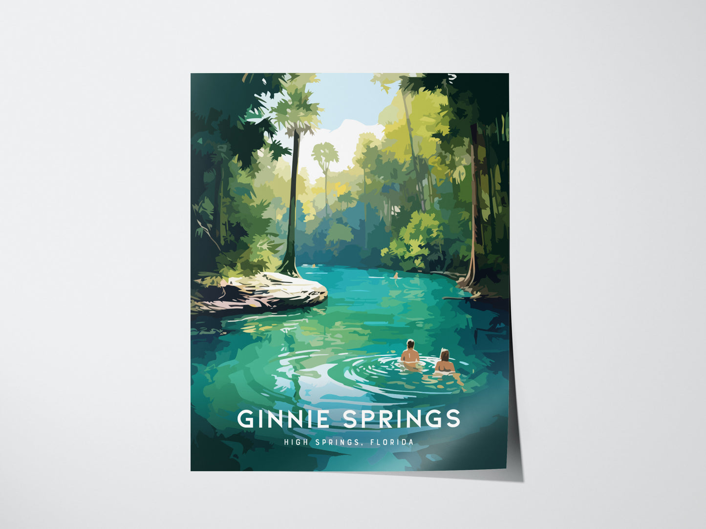 Illustrated poster of Ginnie Springs, Florida, showing two people wading in turquoise water surrounded by lush green foliage and tall trees. Text reads Ginnie Springs, High Springs, Florida.