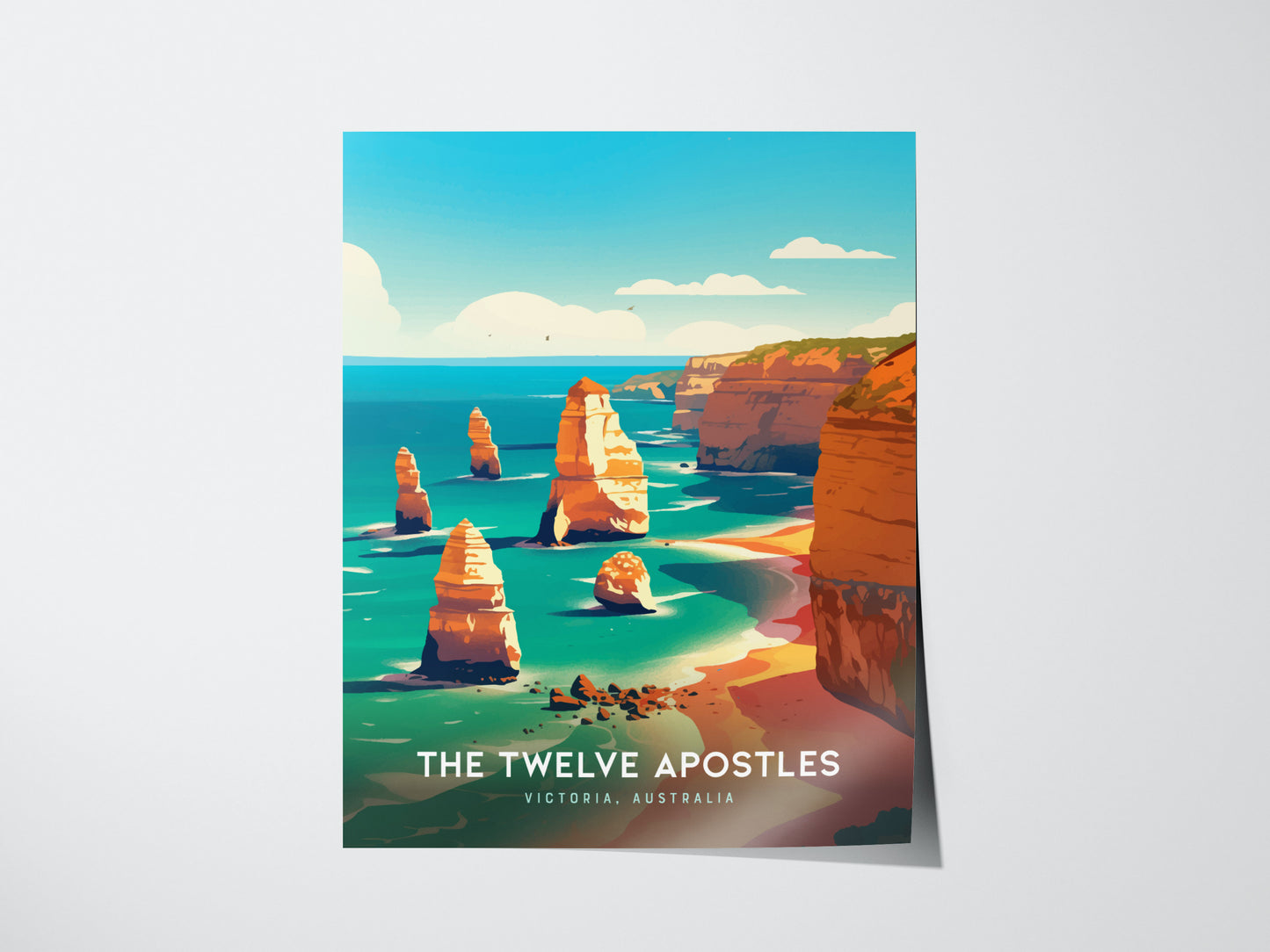 Colorful illustration of the Twelve Apostles along Australias Great Ocean Road, featuring towering limestone stacks against a bright blue ocean and sky. Text reads The Twelve Apostles, Victoria, Australia.