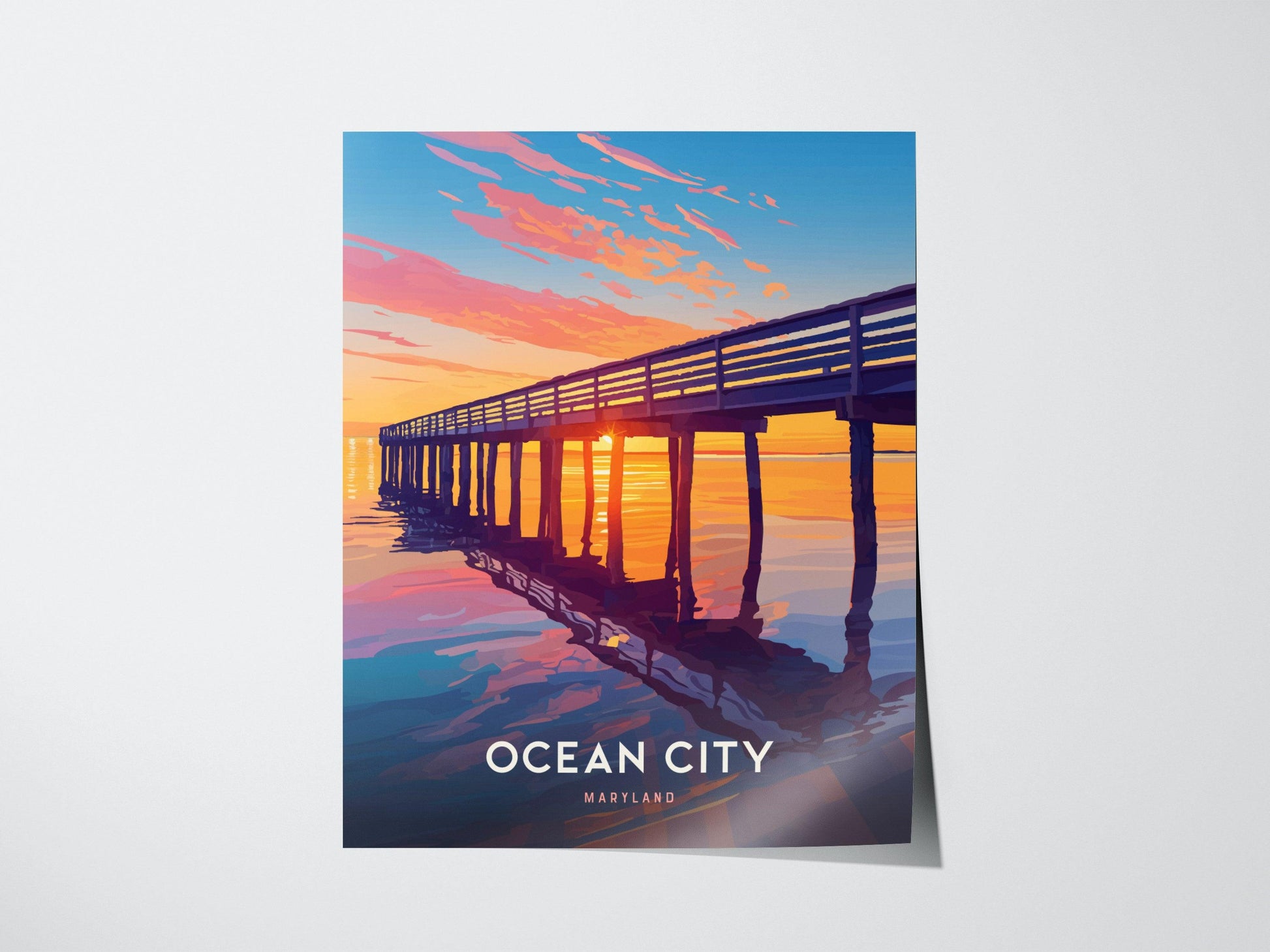 Ocean City Maryland Poster – Coastal Sunset Pier Print, Beach House Wall Art, Coastal Home Decor, Available Framed/Unframed, Travel Gift - Swell Scenes