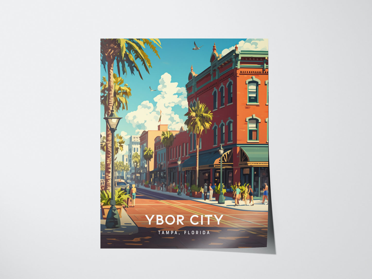 A vibrant poster of Ybor City, Tampa, Florida, showcasing colorful historic buildings, palm trees, and a lively street scene under a bright blue sky.