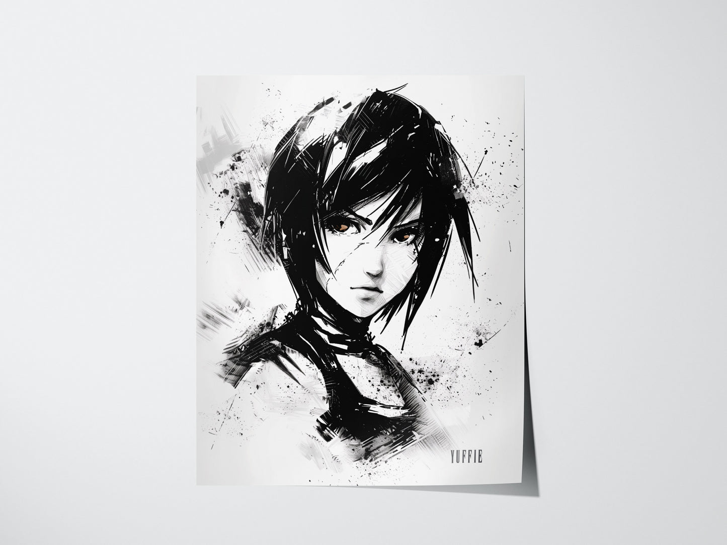 Black and white artwork of a stylized Yuffie from FF7 on a white background