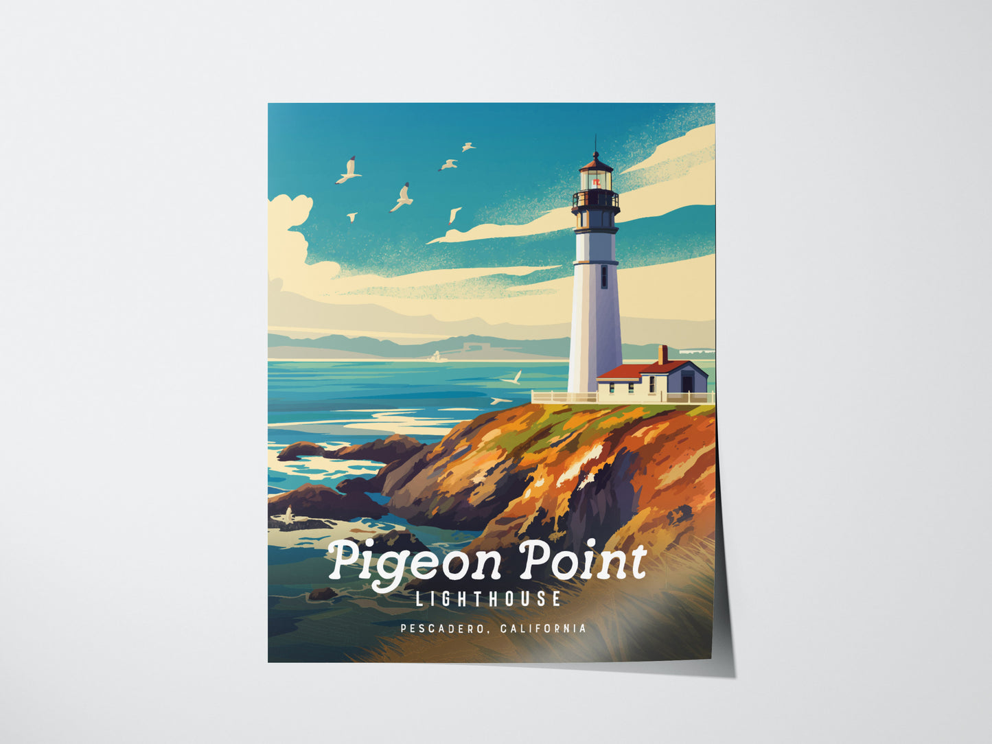 Illustrated poster of Pigeon Point Lighthouse on a rocky cliff overlooking the ocean, with seagulls flying against a clear blue sky. Text reads Pigeon Point Lighthouse, Pescadero, California.