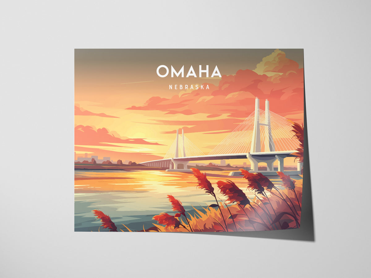 Omaha, Nebraska Landscape Poster | Midwest Cityscape Travel Gift Wall Art — giclée print detail on matte paper