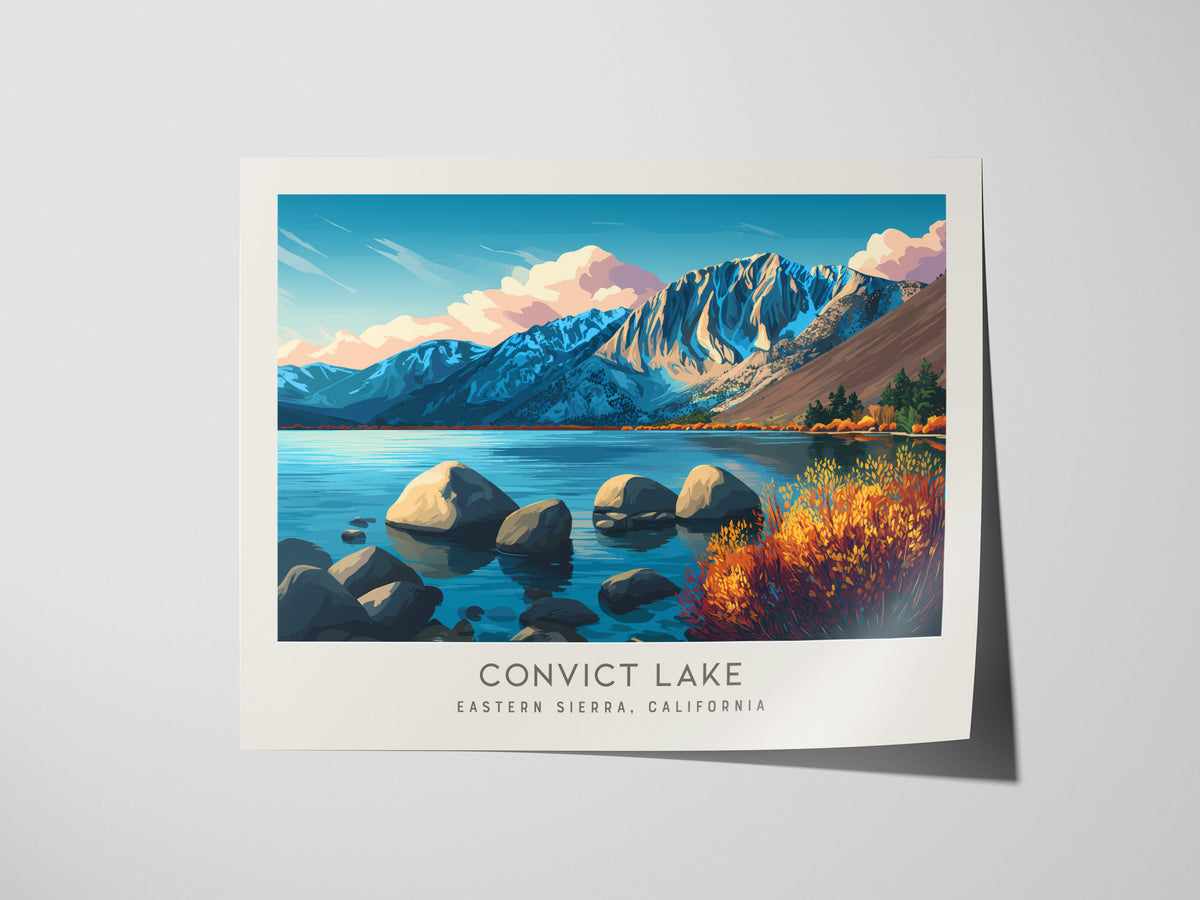 Convict Lake Landscape Matte Border Poster | Eastern Sierra, California Vacation Wall Art — giclée print detail on matte pape