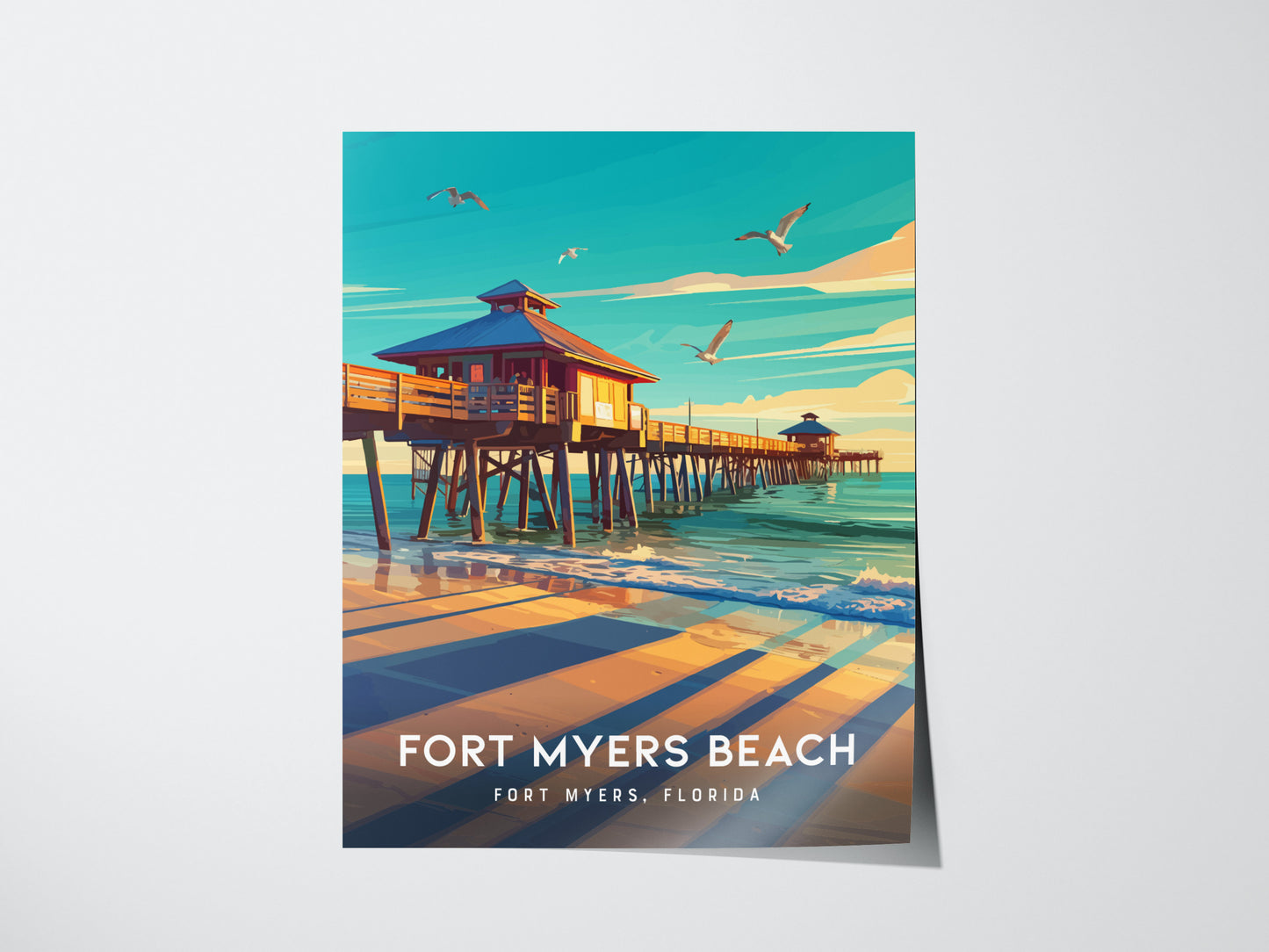 A vibrant poster of Fort Myers Beach features a wooden pier over the ocean with seagulls flying above and a clear blue sky.