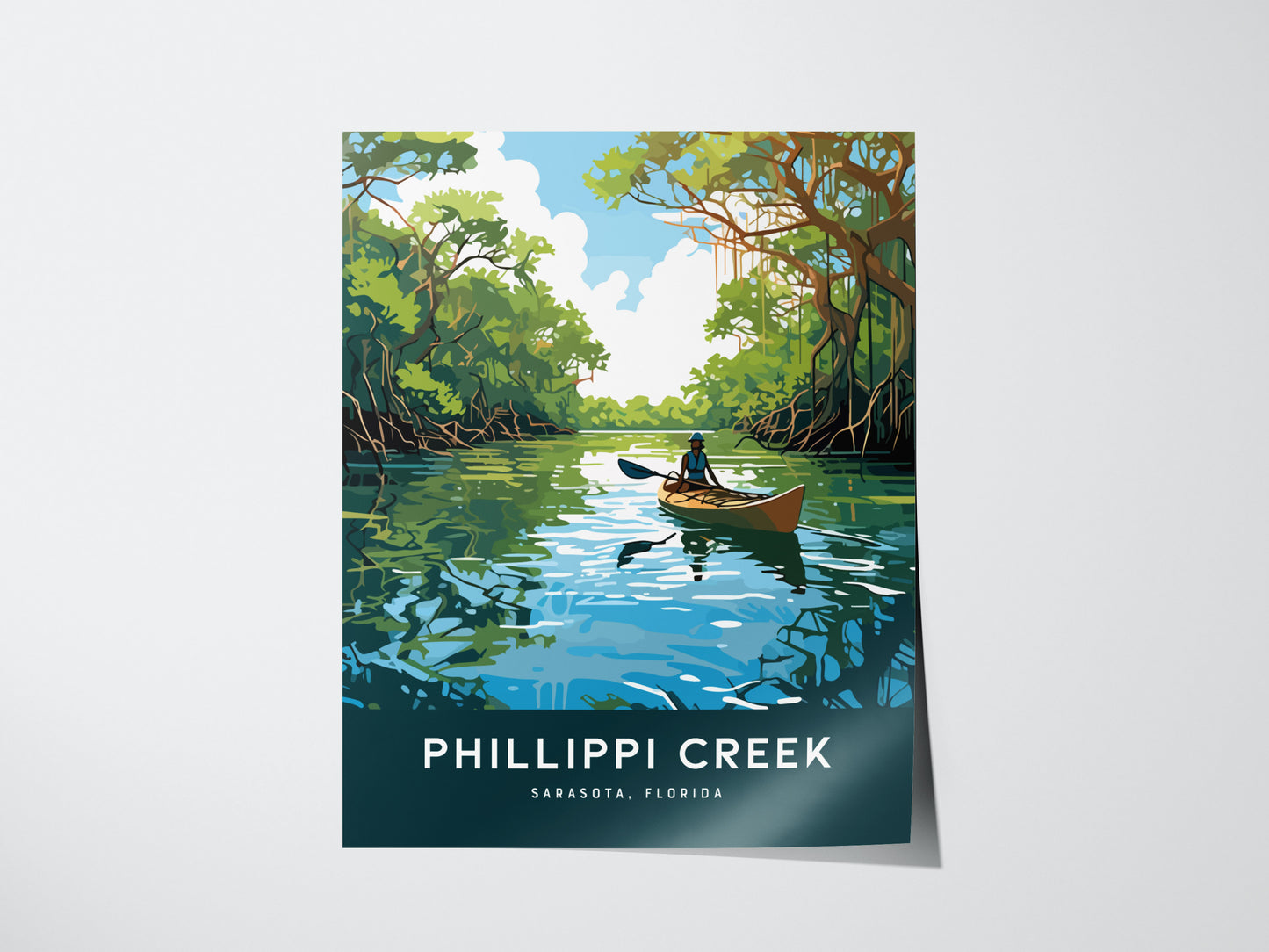 A poster depicts a serene scene of a kayaker paddling through a mangrove-lined creek under a blue sky. The words Phillippi Creek, Sarasota, Florida are displayed at the bottom.