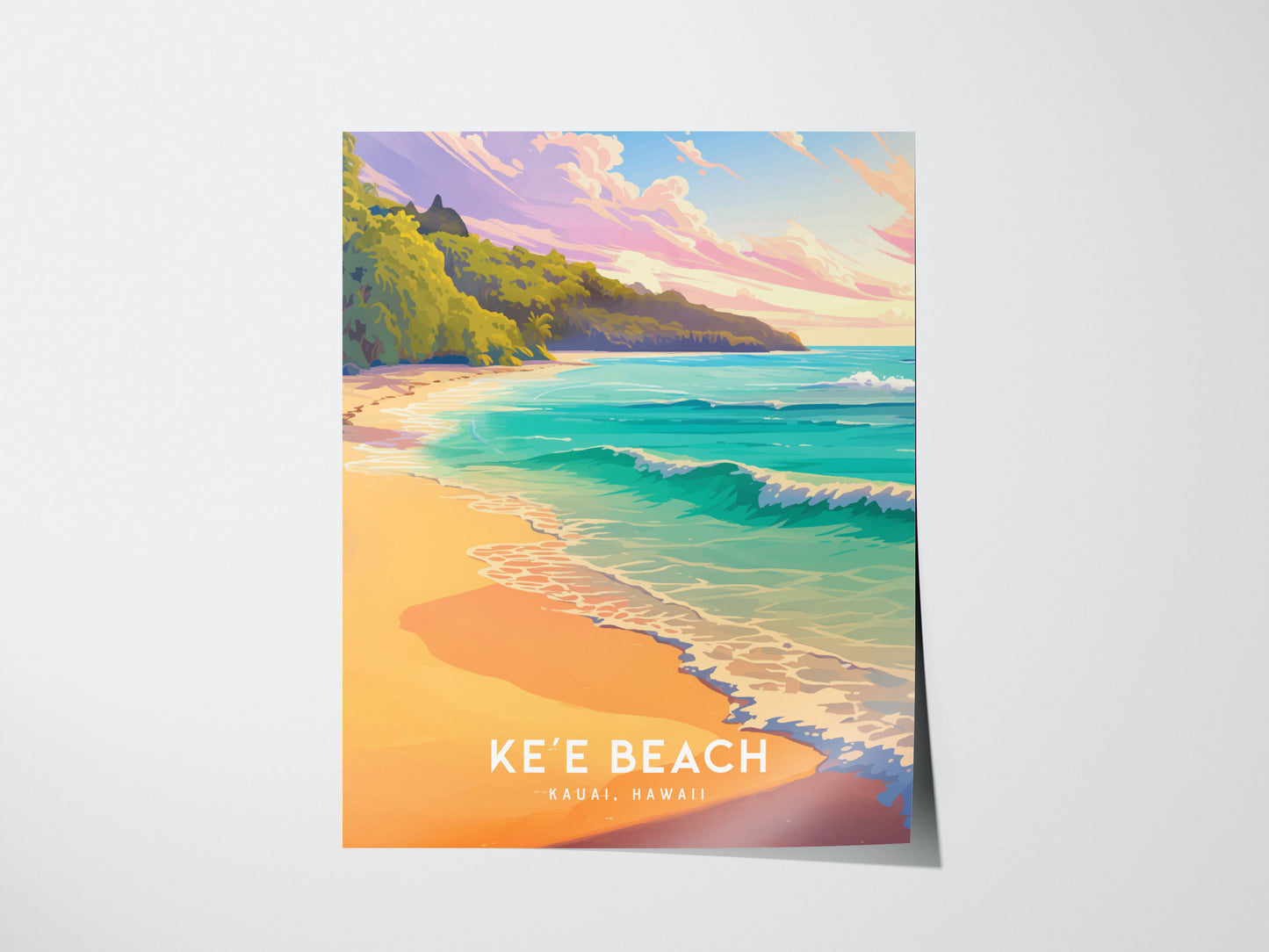 Keʻe Beach Poster – Kauai Hawaii Art Print, Sunset Coastal Wall Art, Framed or Unframed, Tropical Ocean Decor, Gift for Island Lovers