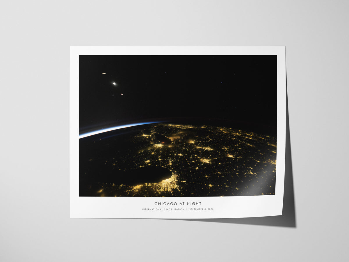 Chicago At Night Landscape Poster | NASA International Space Station Space Photography Wall Art — giclée print detail on matt