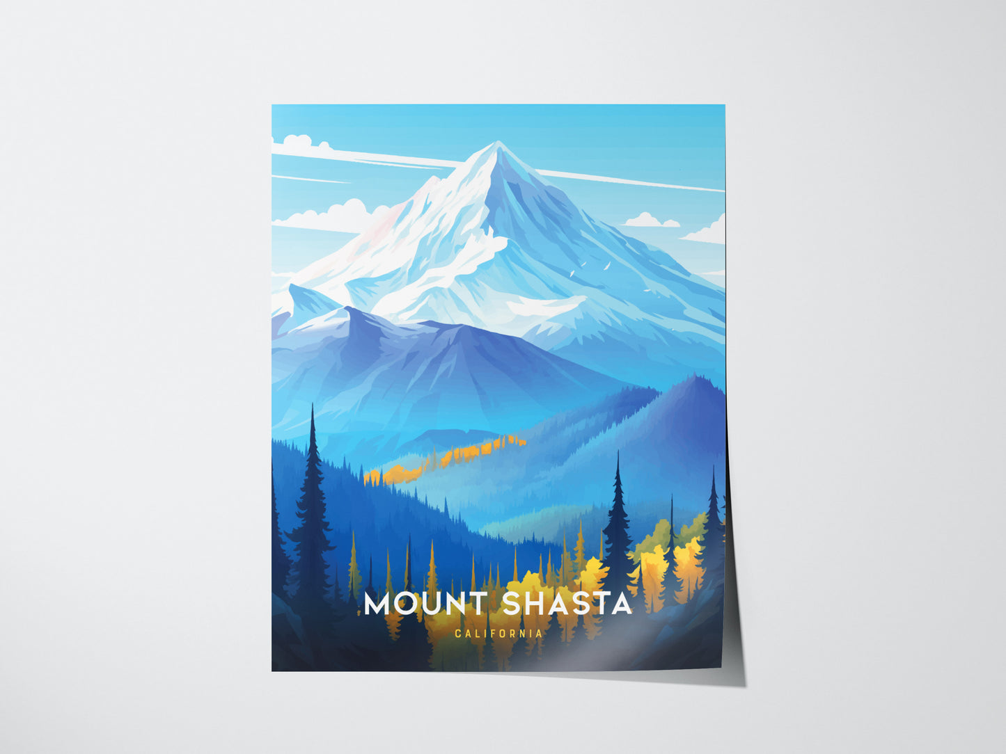 A vibrant poster of Mount Shasta features a snow-capped peak, blue mountains, and forested foothills with golden trees, against a clear sky. Text reads Mount Shasta, California.