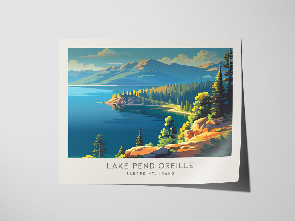 Lake Pend Oreille Landscape Matte Border Poster | Sandpoint, Idaho Framed or Unframed Travel Gift — giclée print detail on ma
