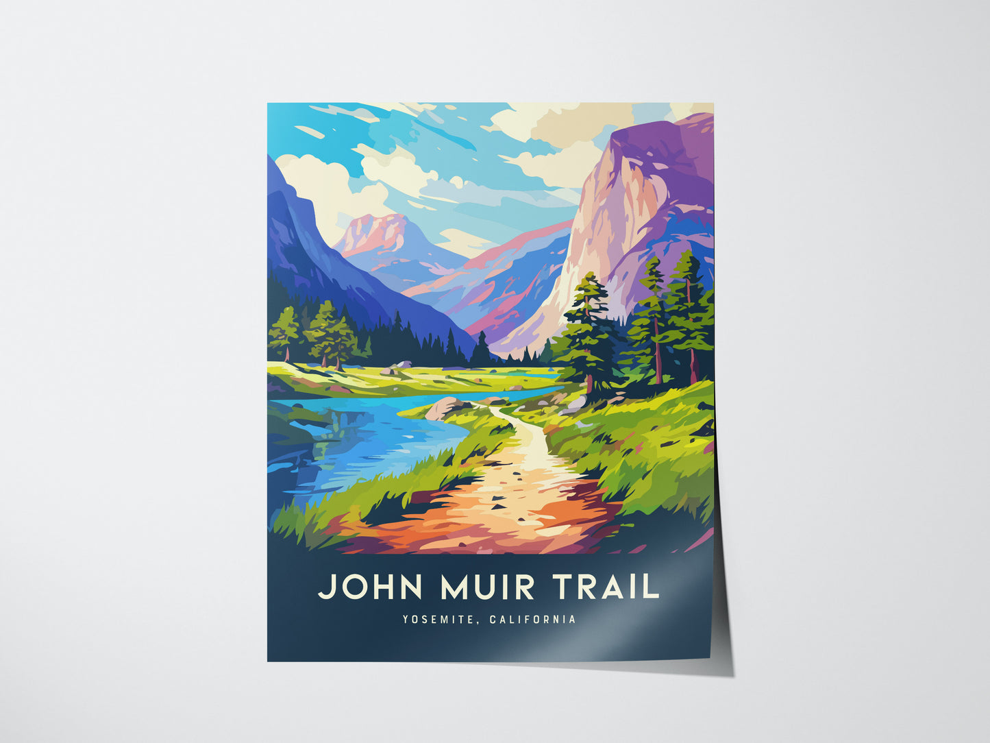 A colorful poster of the John Muir Trail features a scenic landscape with a winding path, vibrant greenery, mountains, and a reflective lake under a blue sky.