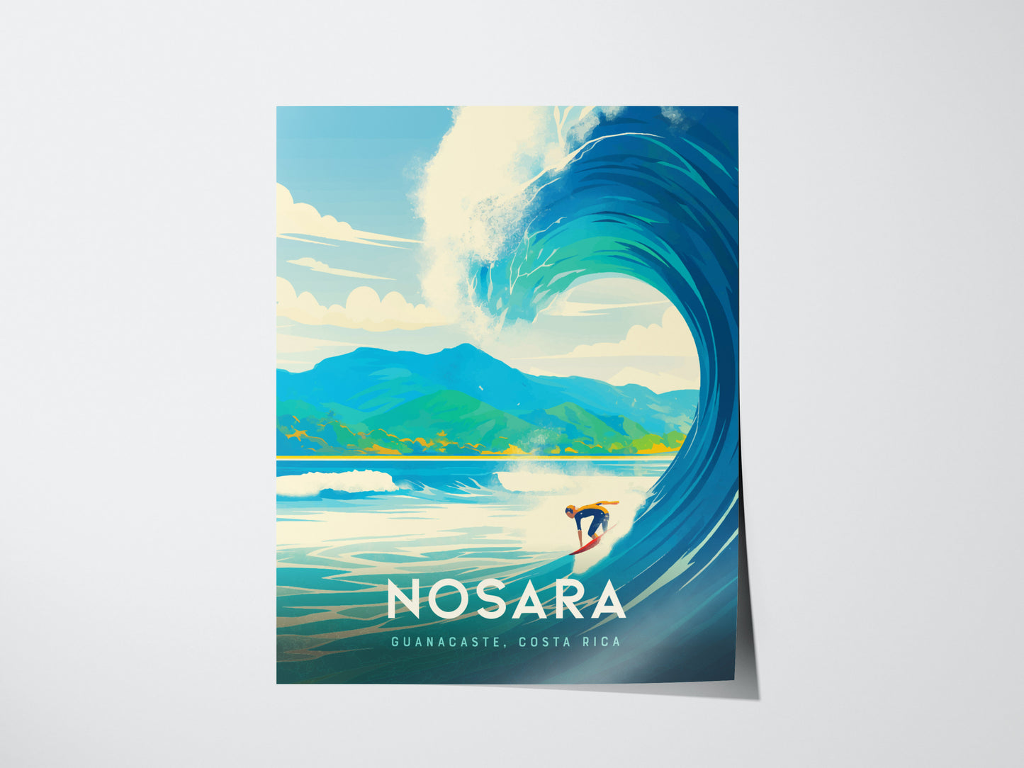A vibrant poster depicts a surfer riding a large wave with lush green mountains in the background, labeled Nosara Guanacaste, Costa Rica at the bottom.