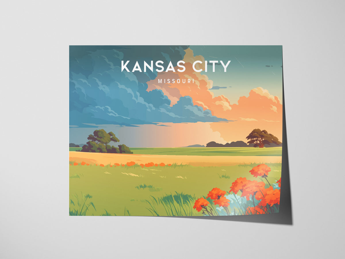 Kansas City, Missouri Landscape Poster | BBQ Jazz & Skyline Travel Gift Wall Art — giclée print detail on matte paper