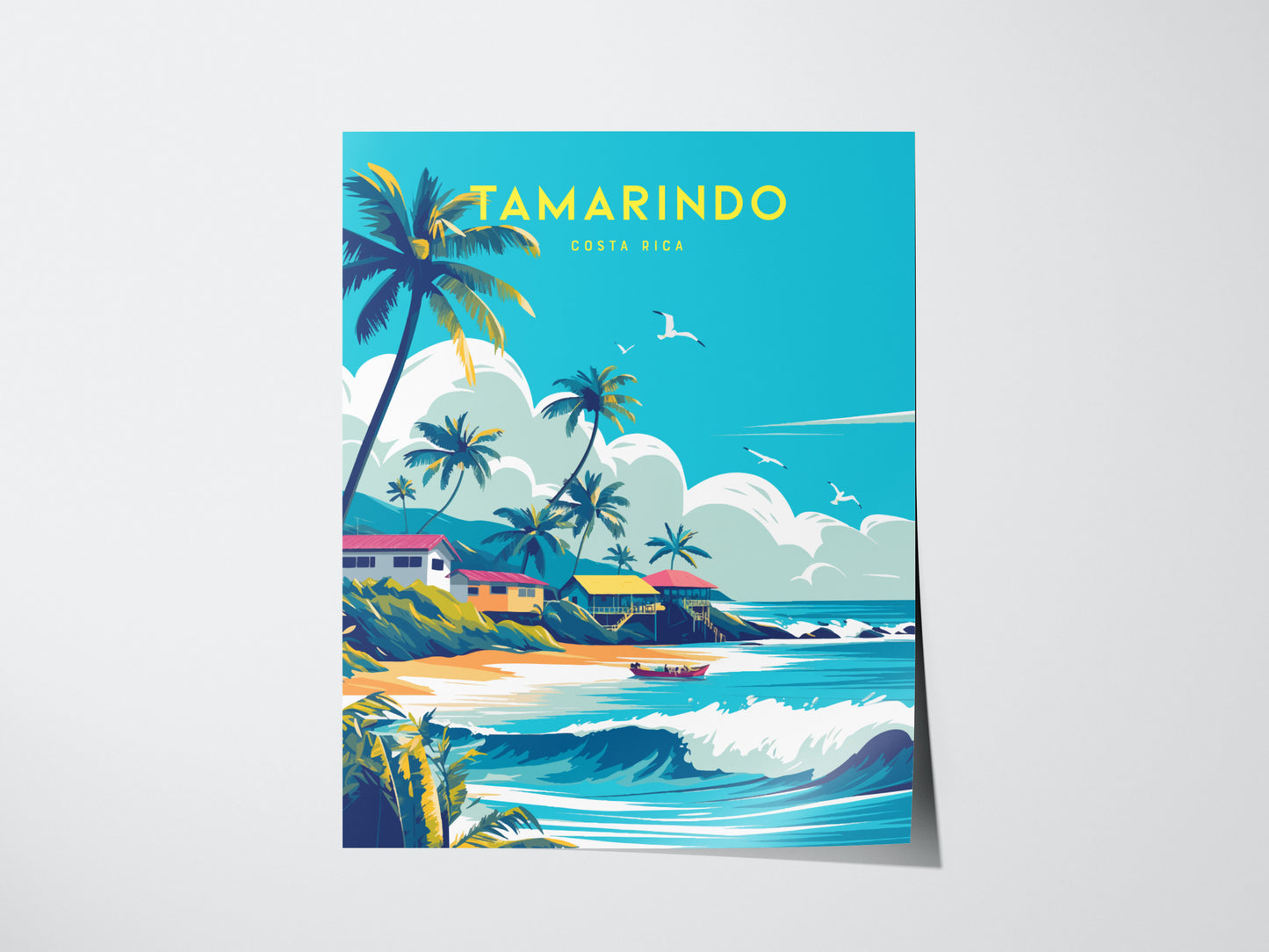 A vibrant poster depicts a tropical beach scene in Tamarindo, Costa Rica with palm trees, colorful houses, gentle waves, and seagulls flying in a bright blue sky.