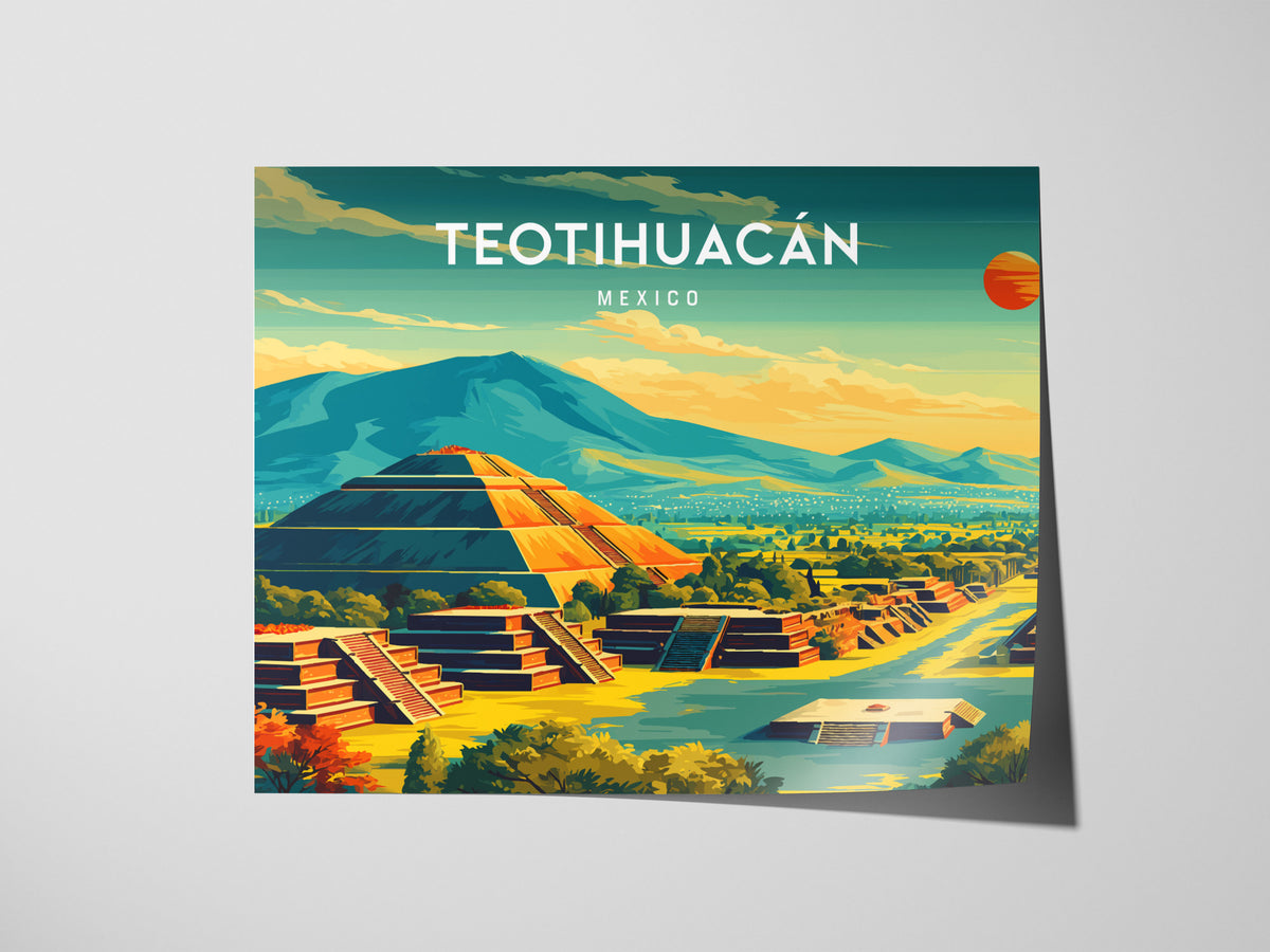 Teotihuacán, Mexico Landscape Poster | Sun & Moon Pyramids Vacation Wall Art — giclée print detail on matte paper