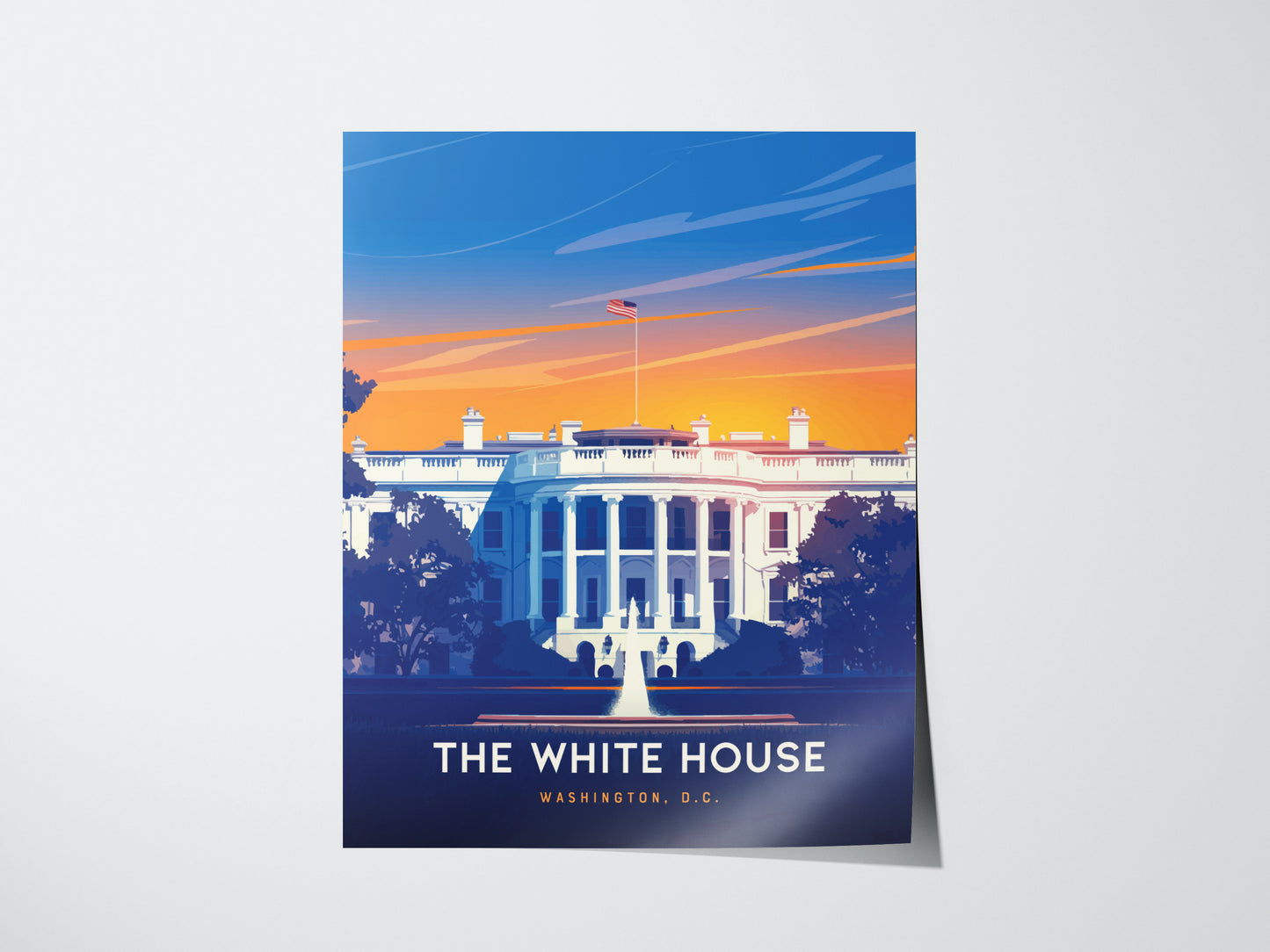A vibrant poster of the White House in Washington, D.C., featuring neoclassical architecture against a colorful sunset sky with bold, minimalist design elements.