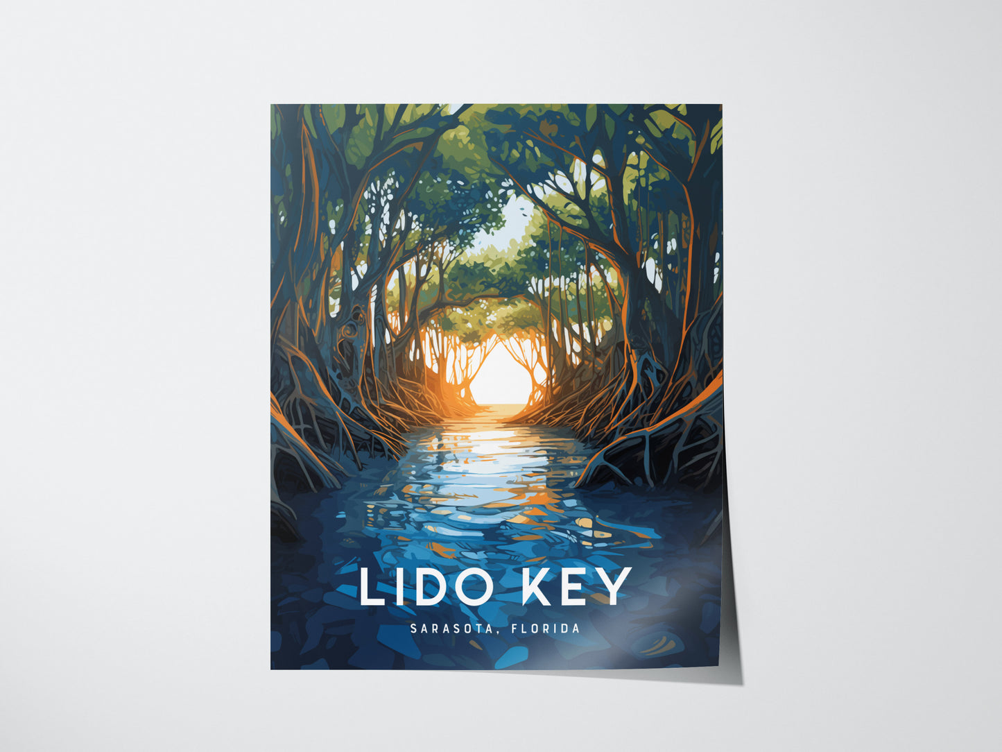 Illustrated poster of Lido Key, Sarasota, Florida, featuring a sunlit mangrove corridor with arching trees and reflected blue water. Text reads Lido Key, Sarasota, Florida at the bottom.