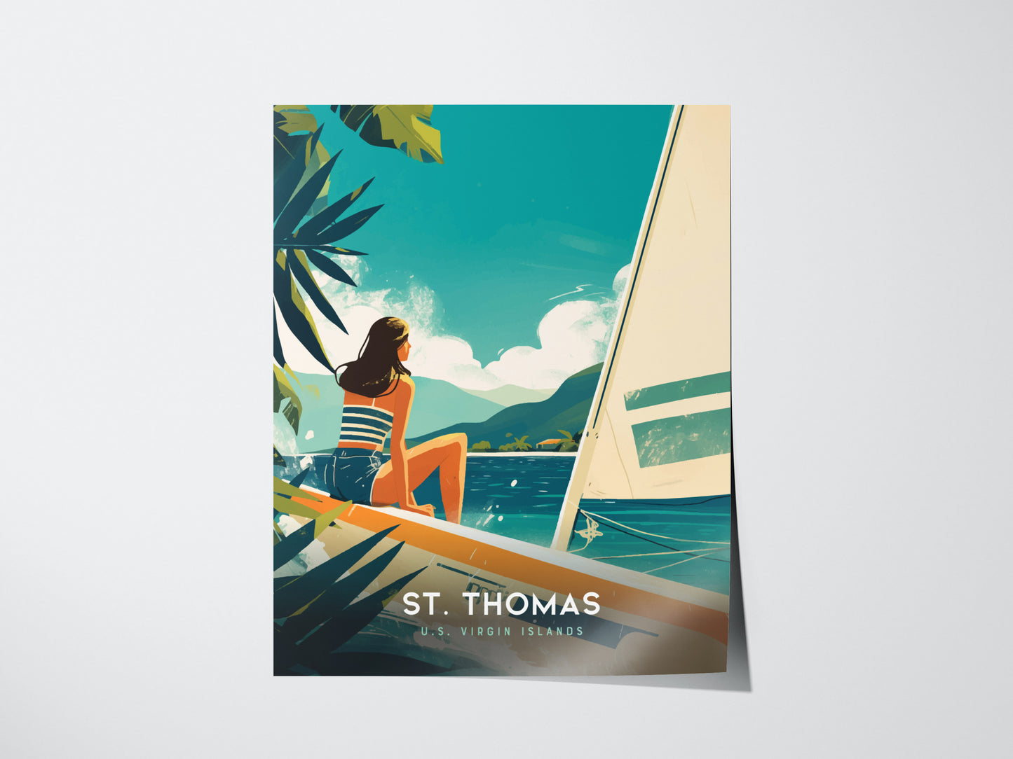 A woman in a striped shirt sits on a boat overlooking turquoise waters and mountains, with palm leaves framing the scene. Text reads St. Thomas, U.S. Virgin Islands.