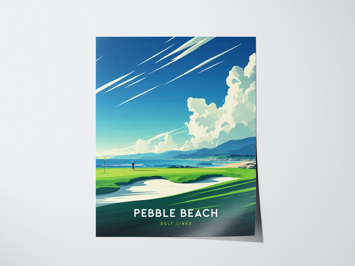 Illustrated poster of Pebble Beach Golf Links featuring a golfer on a lush green course with dramatic clouds and ocean in the background. Text reads Pebble Beach Golf Links.