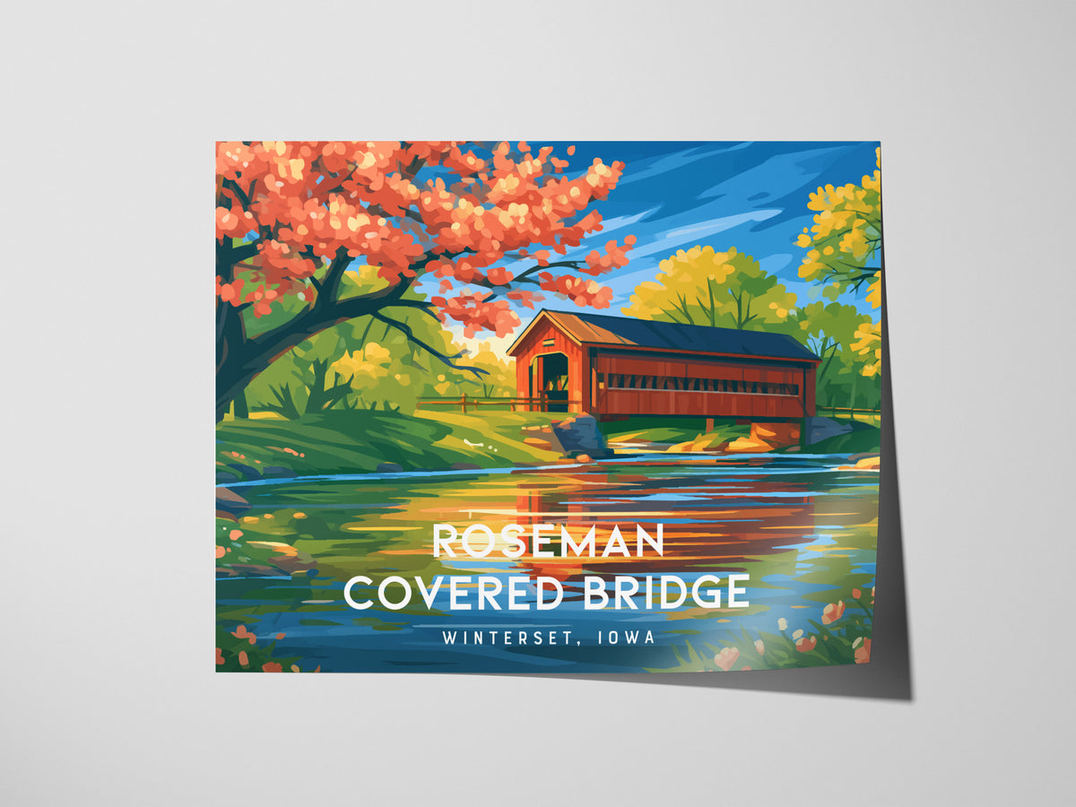 Roseman Covered Bridge Landscape Poster | Winterset, Iowa Travel Gift Wall Art — giclée print detail on matte paper