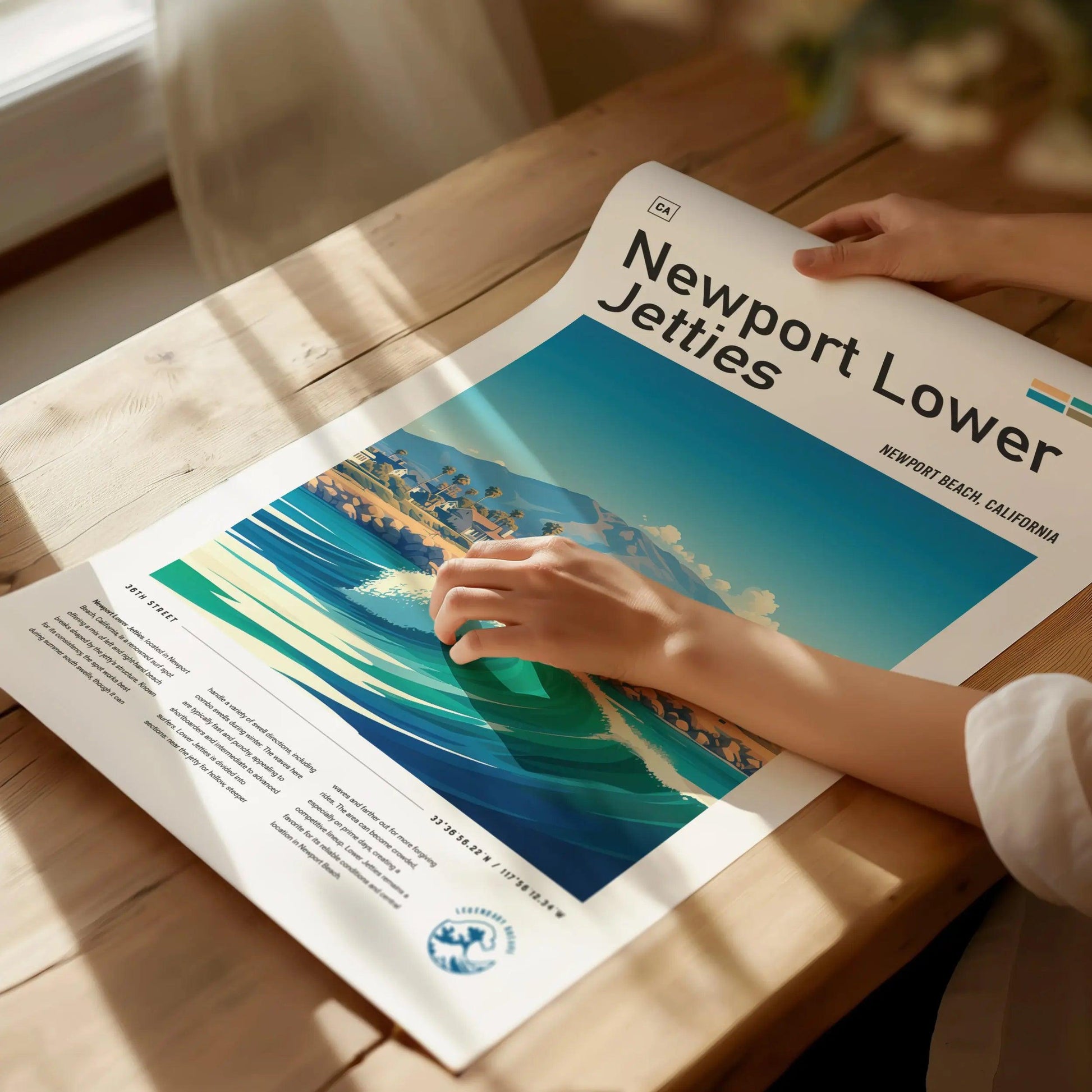 Newport Lower Jetties Surf Spot Framed Poster | Newport Beach California Surfing Wave Wall Art | Minimal Design CA Surfer Travel Print - Swell Scenes