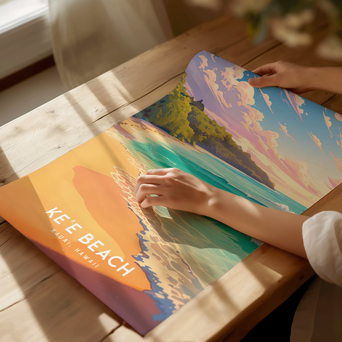 Keʻe Beach Poster – Kauai Hawaii Art Print, Sunset Coastal Wall Art, Framed or Unframed, Tropical Ocean Decor, Gift for Island Lovers