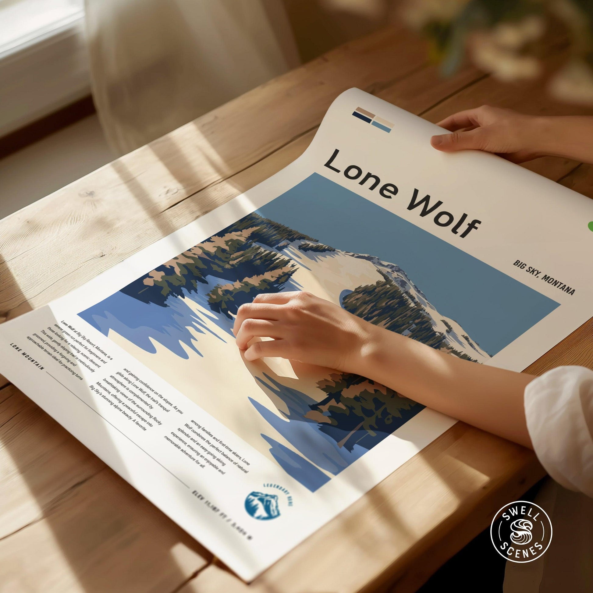 Lone Wolf | Big Sky Montana Beginner Green Ski Run Framed Poster Skier Snowboarder Lone Mountain Cabin Resort Skiing Trip Art Decor Gift Set - Swell Scenes