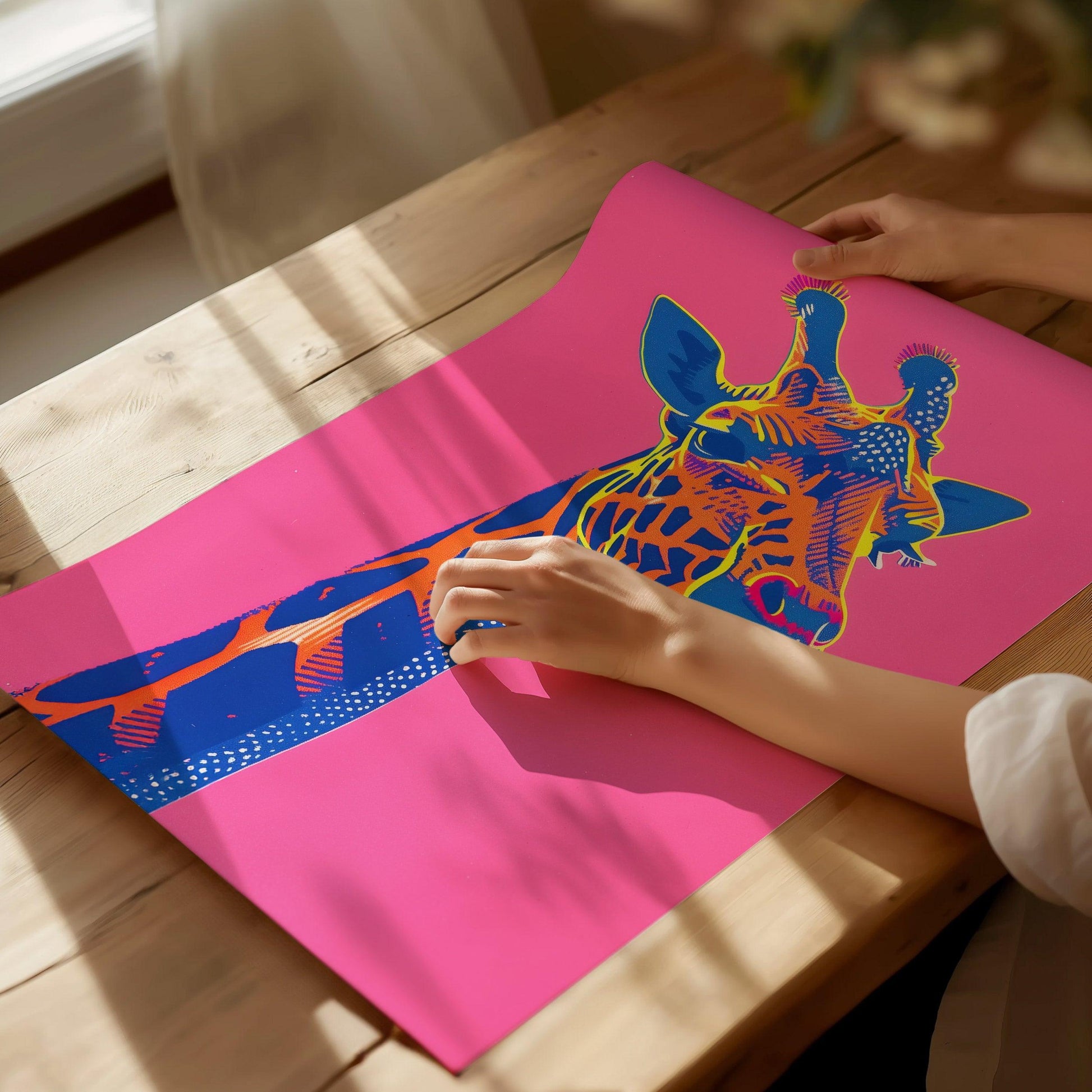 Neon Giraffe Pop Art Poster – Bold Safari Animal Wall Decor, Retro 80s Aesthetic, Vibrant Wildlife Print, Available Framed/Unframed - Swell Scenes