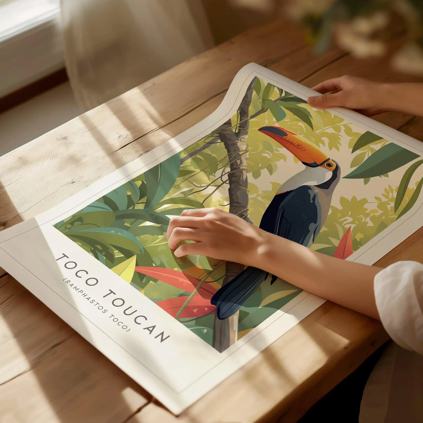 Toco toucan poster featuring vibrant orange bill against tropical rainforest greenery bird lover wall art