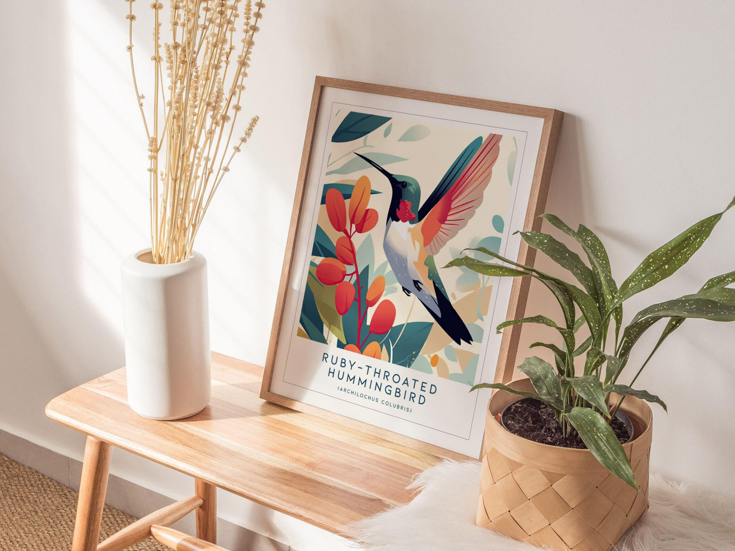 Ruby-throated Hummingbird Modern Framed Wall Art | Cottagecore Minimalist Nature Wildlife Bird Lover Poster | Audubon Farm House Decor Print - Swell Scenes