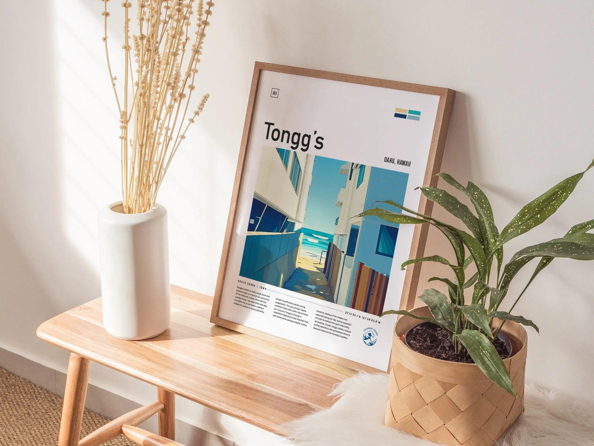 Tongg's Surf Spot Framed Poster | Tonggs Beach Hawaii Wave Wall Art | Oahu HI Waikiki Surfer Travel Print | Surfing Minimal Design - Swell Scenes