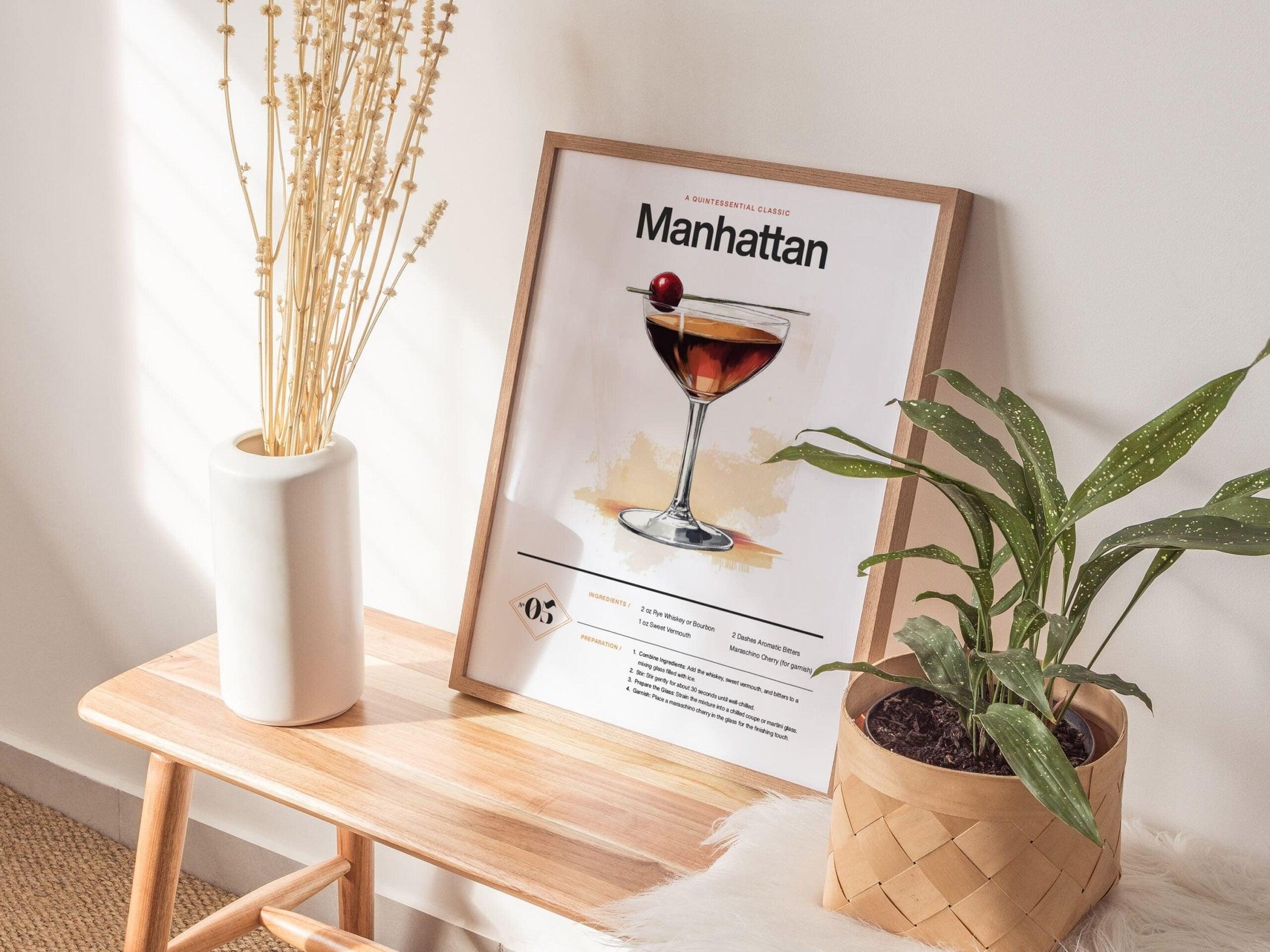 Manhattan Cocktail Framed Poster | Classic Whiskey and Vermouth Recipe Art | Minimalist Bar Decor | Manhattan Lover Gift | Home Bar Design - Swell Scenes