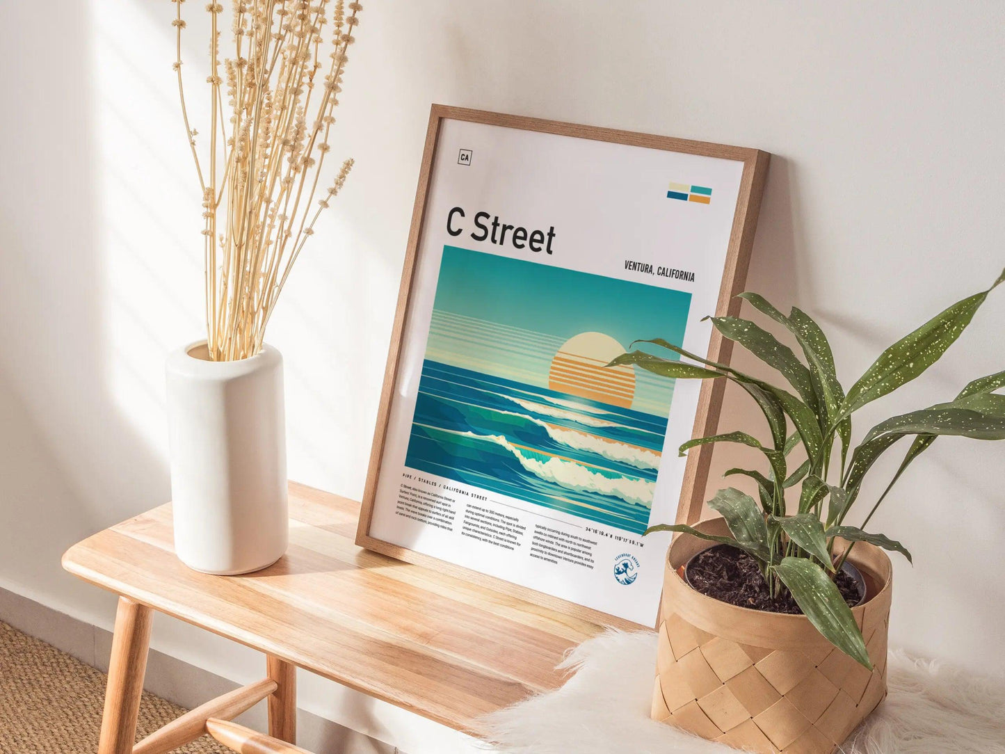 C Street Ventura California Surf Spot Framed Poster | CA Beach Surfing Wave Wall Art | Minimal Design Surfer Travel Print - Swell Scenes
