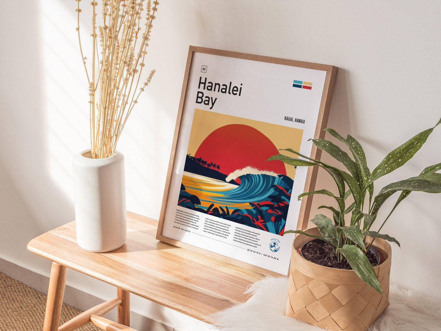 Hanalei Bay Surf Spot Framed Poster | Kauai Wave Modern Wall Art | Hawaii Surfer Travel Print | Surfing Minimalist Design Decor - Swell Scenes
