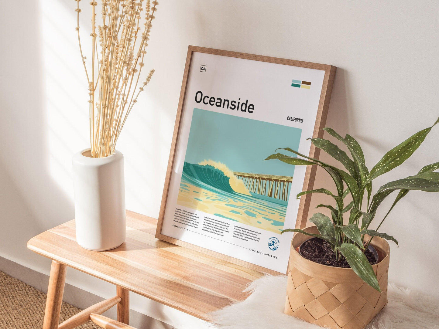 Oceanside Pier California Surf Spot Framed Poster | Southern CA Wave Modern Wall Art | SoCal Surfer Travel Print | Surfing Minimalist Design - Swell Scenes
