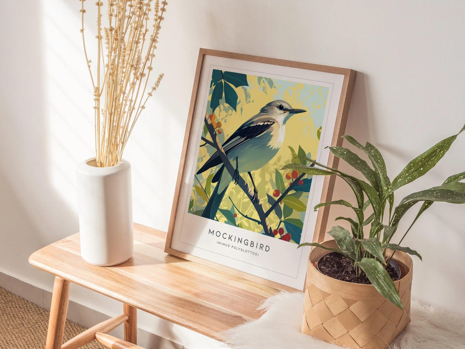 Mockingbird Songbird Modern Framed Wall Art | Cottagecore Minimalist Nature Wildlife Poster | Audubon Scientific Print | Bird Lover Farm House Decor - Swell Scenes