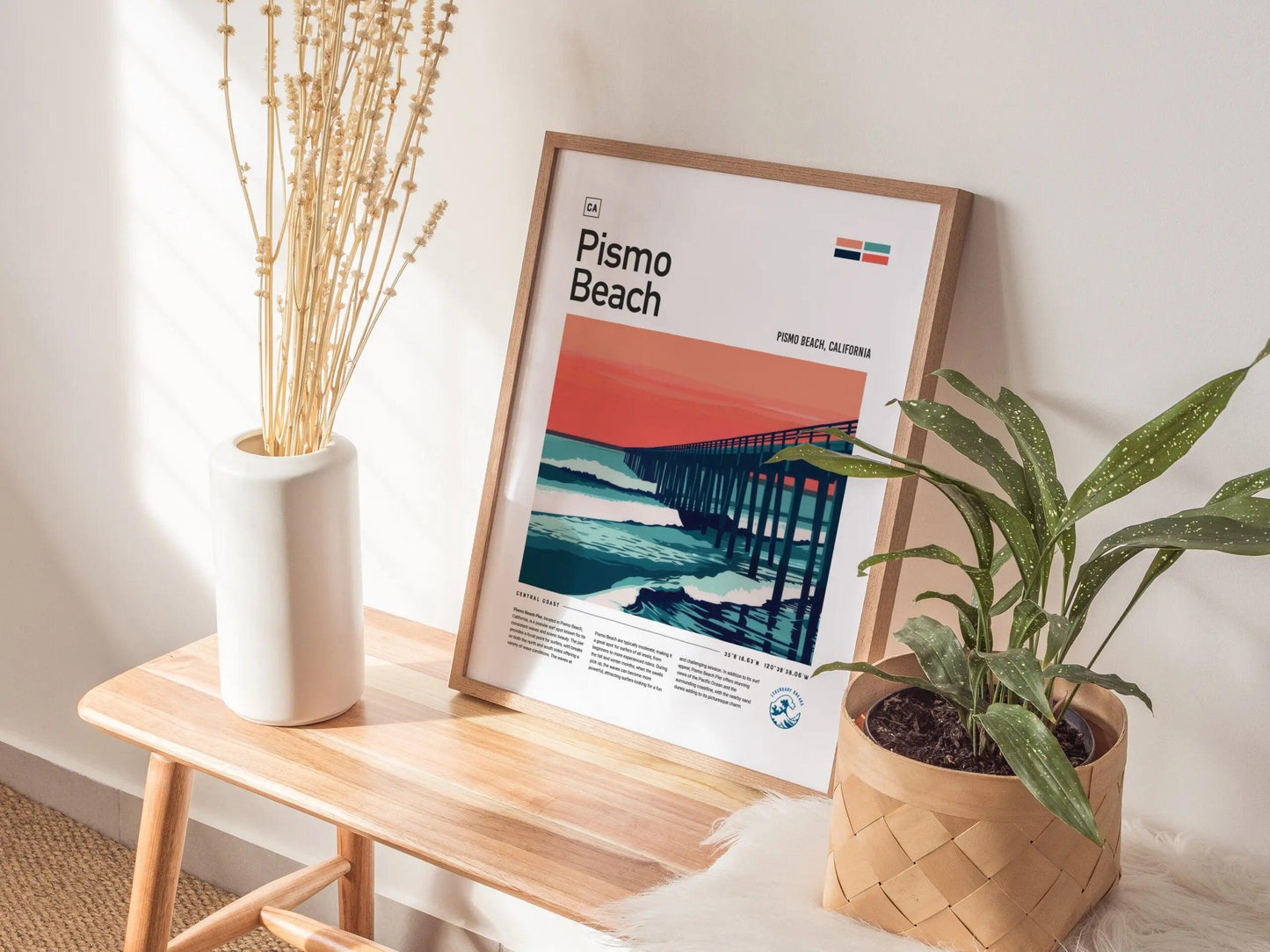 Pismo Beach Pier Surf Spot Framed Poster | Central Coast California Surfer Wall Art | CA Travel Print Modern Wave Design Surfing Gift - Swell Scenes
