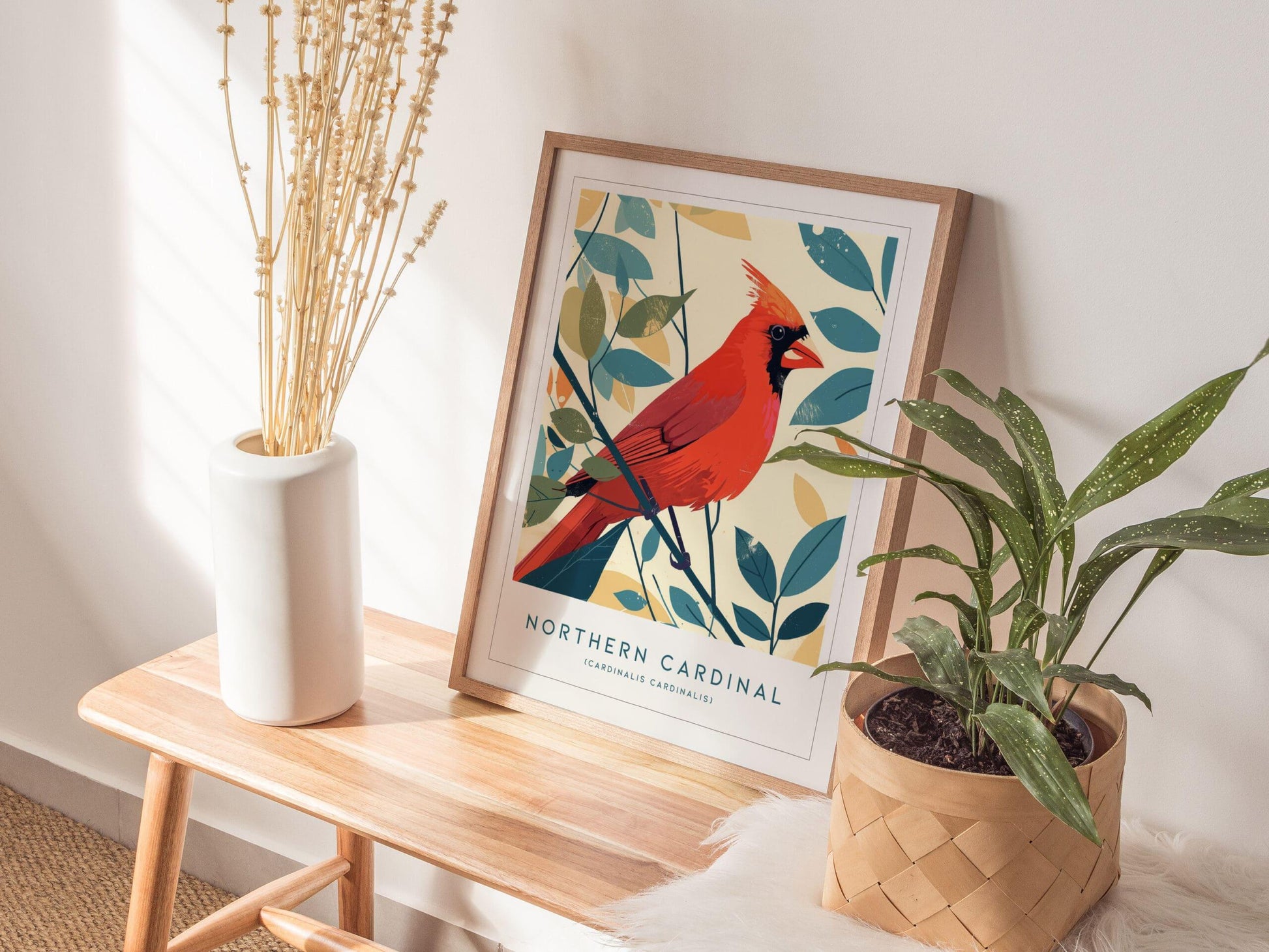 Red Northern Cardinal Bird Lover Modern Framed Wall Art | Cottagecore Minimalist Nature Wildlife Poster | Songbird Audubon Scientific Farm House Decor - Swell Scenes