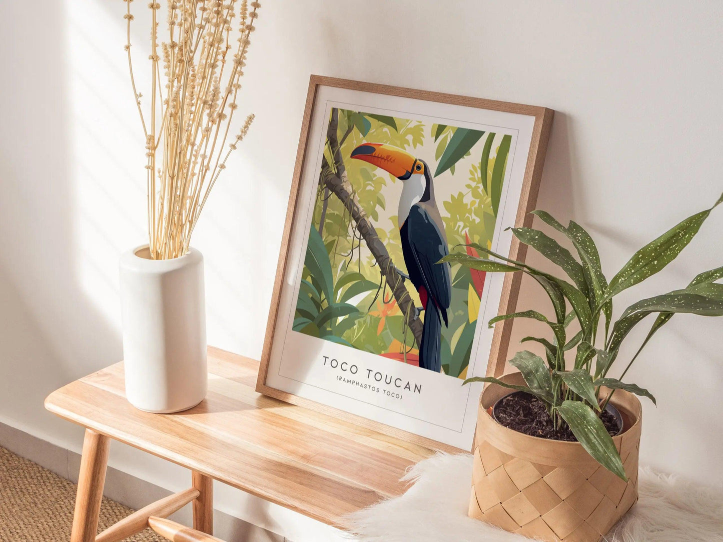 Toco toucan poster featuring vibrant orange bill against tropical rainforest greenery bird lover wall art