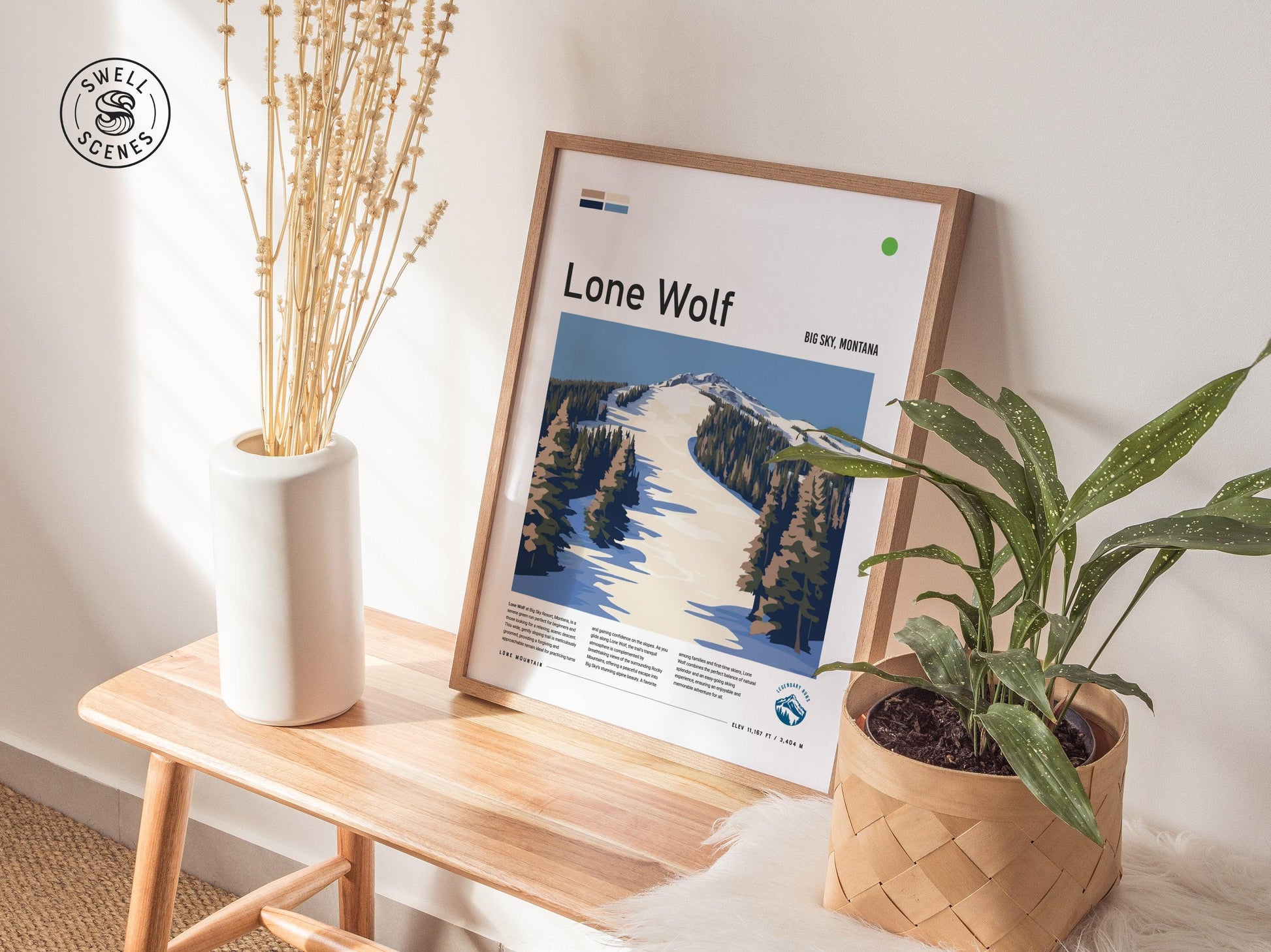 Lone Wolf | Big Sky Montana Beginner Green Ski Run Framed Poster Skier Snowboarder Lone Mountain Cabin Resort Skiing Trip Art Decor Gift Set - Swell Scenes