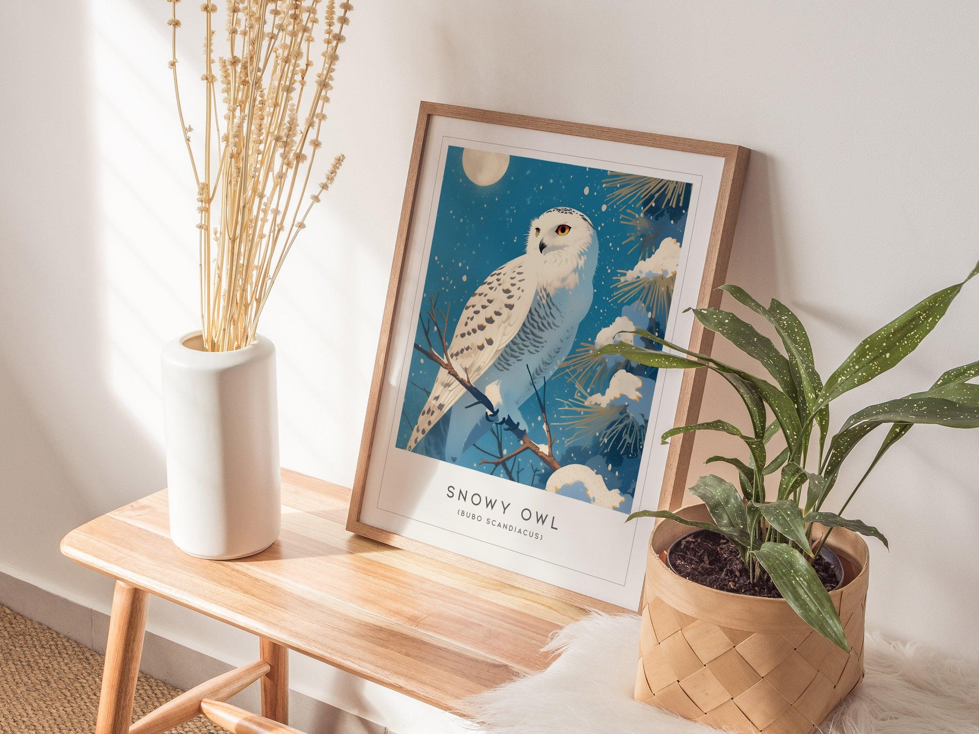 Snowy Owl Moon Framed Poster | Bird Lover Winter Nature Modern Wall Art | Bird Of Prey Audubon Print Decor - Swell Scenes